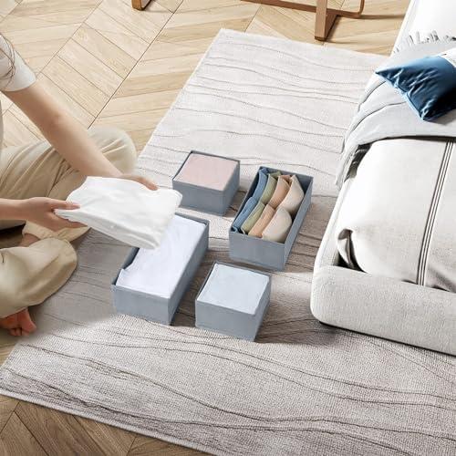DIMJ Organizador Cajones Juego de 4 Cajas Almacenaje Plegables de Tela Para Guardar Ropa, Organizadores de Cajones No Tejidos, Calcetines, Ropa Interior, Clásico Gris