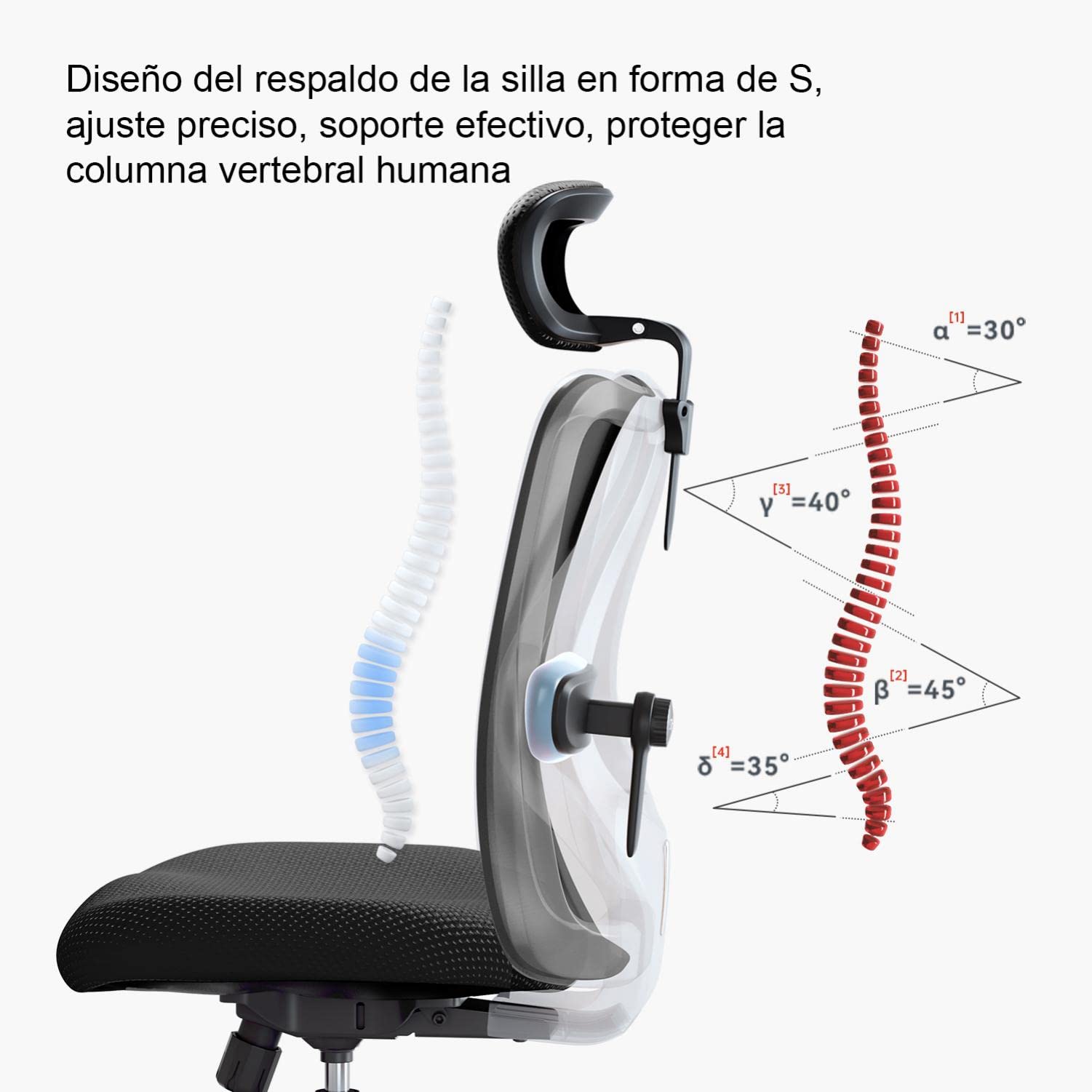 SIHOO M18 Silla Ergonómica de Oficina, Silla de Escritorio con Soporte Lumbar Ajustables, Reposacabezas y Apoyabrazos, Malla Giratoria, Mecanismo de Inclinación, Carga máxima de 150 kg/ 330LB