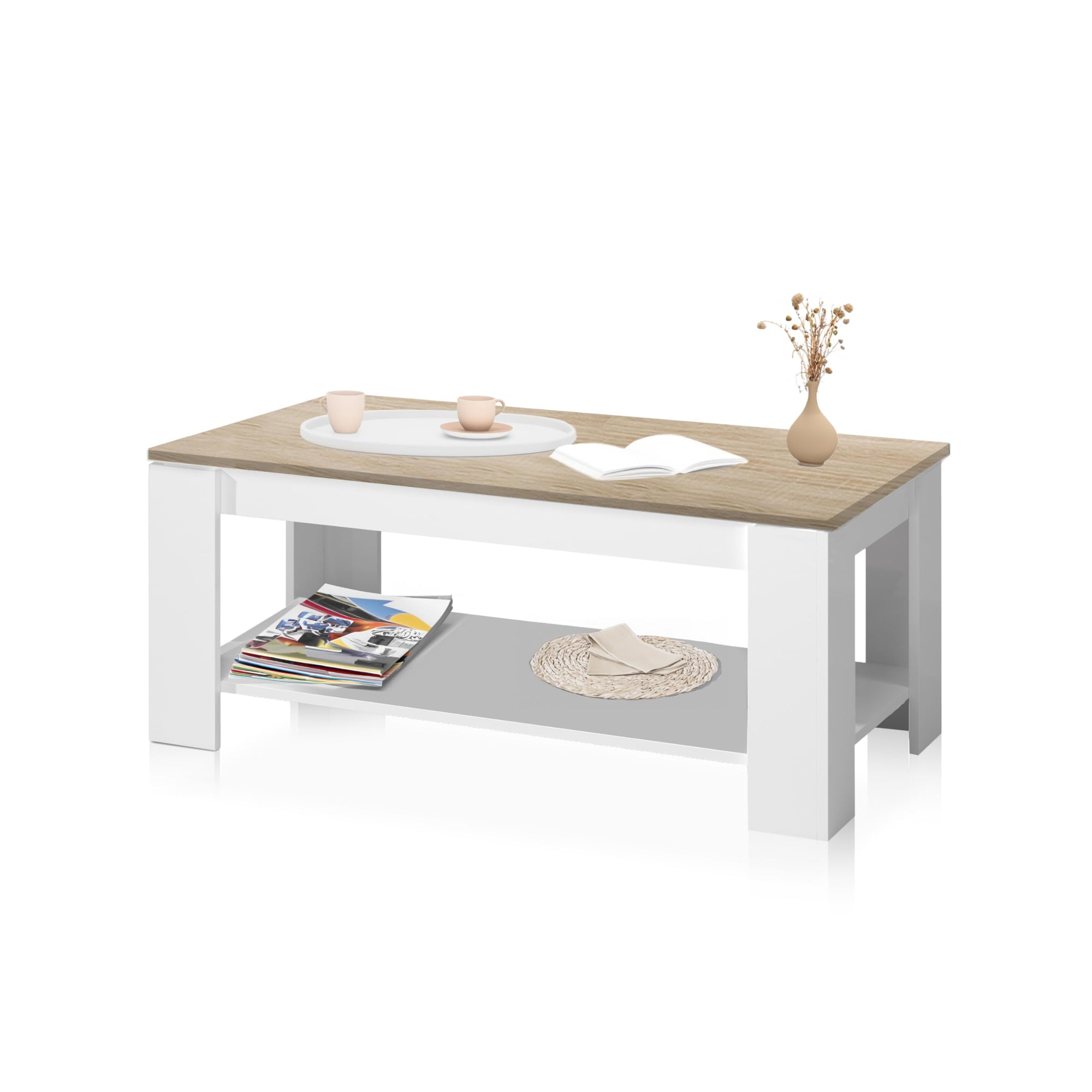 duehome | Mesa de Centro Elevable, Mesa Auxiliar, Modelo LYA, Acabado en Color Blanco Artik y Roble Canadian, Medidas: 102 cm (Largo) x 50 cm (Ancho) x 43-54 cm (Alto)