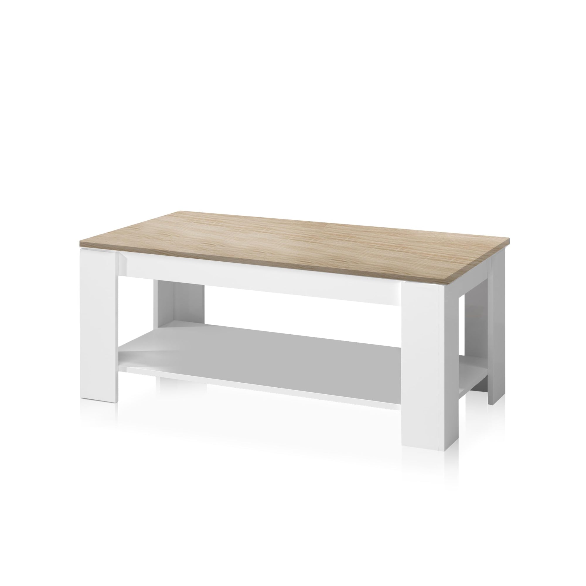 duehome | Mesa de Centro Elevable, Mesa Auxiliar, Modelo LYA, Acabado en Color Blanco Artik y Roble Canadian, Medidas: 102 cm (Largo) x 50 cm (Ancho) x 43-54 cm (Alto)