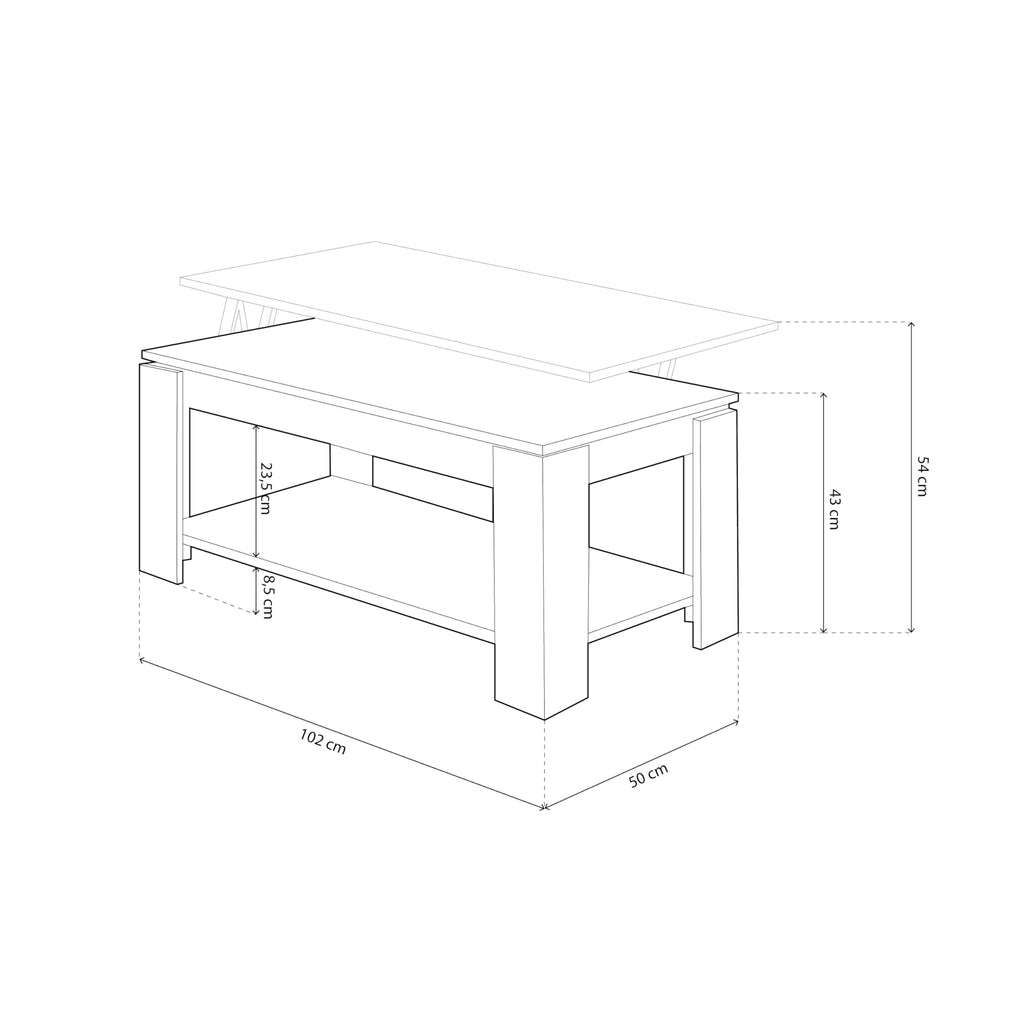 duehome | Mesa de Centro Elevable, Mesa Auxiliar, Modelo LYA, Acabado en Color Blanco Artik y Roble Canadian, Medidas: 102 cm (Largo) x 50 cm (Ancho) x 43-54 cm (Alto)