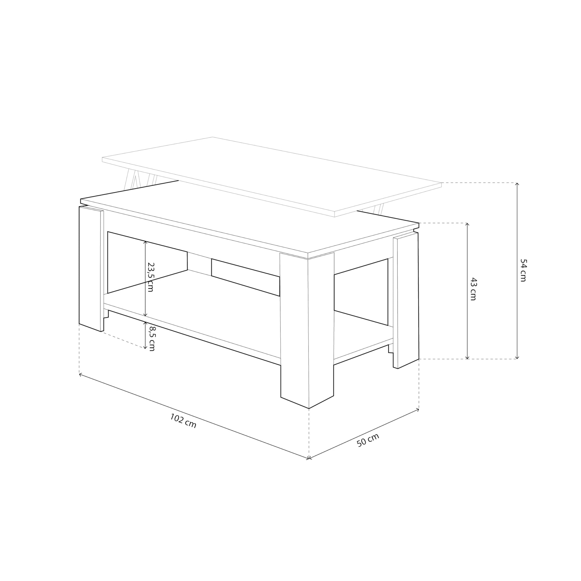 duehome | Mesa de Centro Elevable, Mesa Auxiliar, Modelo LYA, Acabado en Color Blanco Artik y Roble Canadian, Medidas: 102 cm (Largo) x 50 cm (Ancho) x 43-54 cm (Alto)