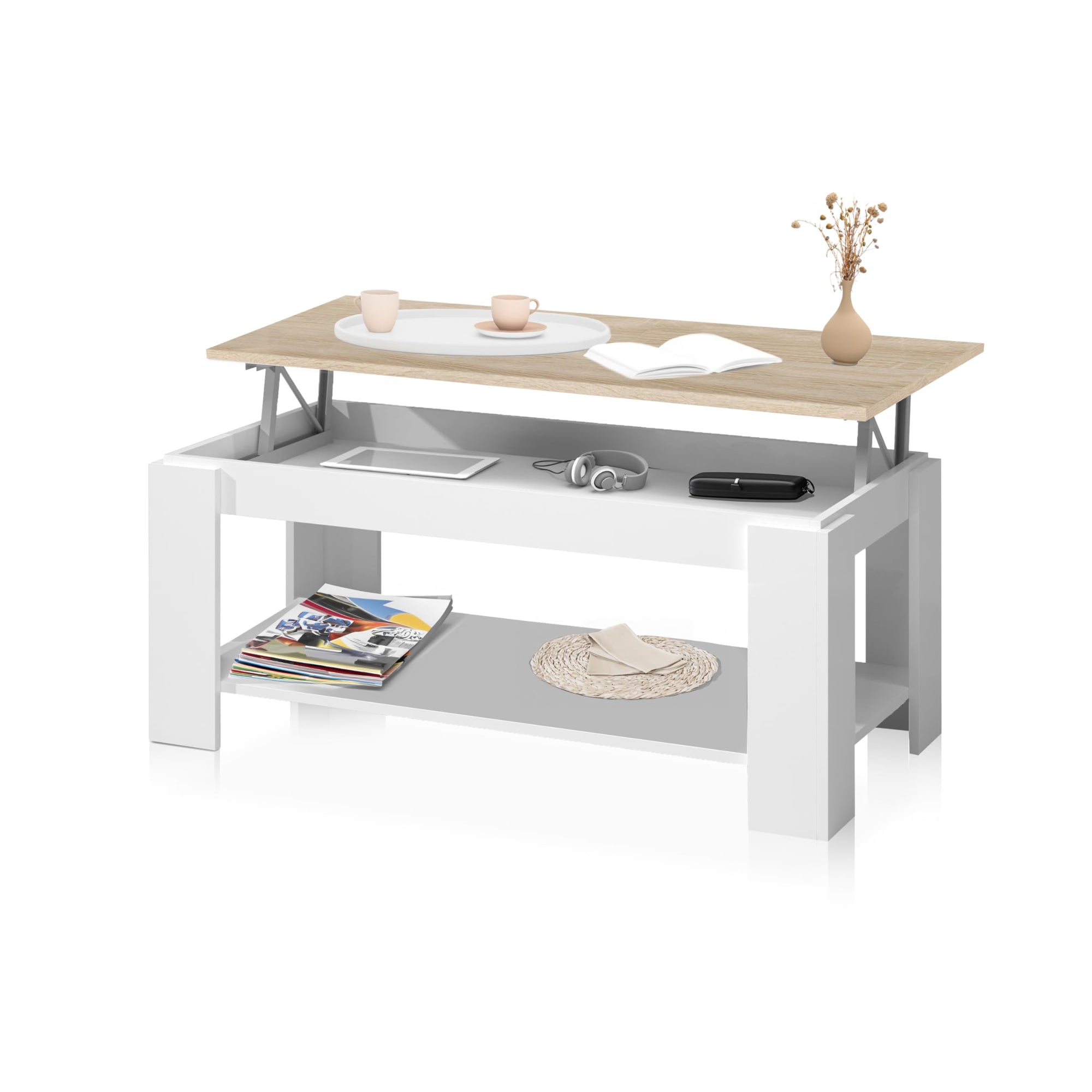 duehome | Mesa de Centro Elevable, Mesa Auxiliar, Modelo LYA, Acabado en Color Blanco Artik y Roble Canadian, Medidas: 102 cm (Largo) x 50 cm (Ancho) x 43-54 cm (Alto)