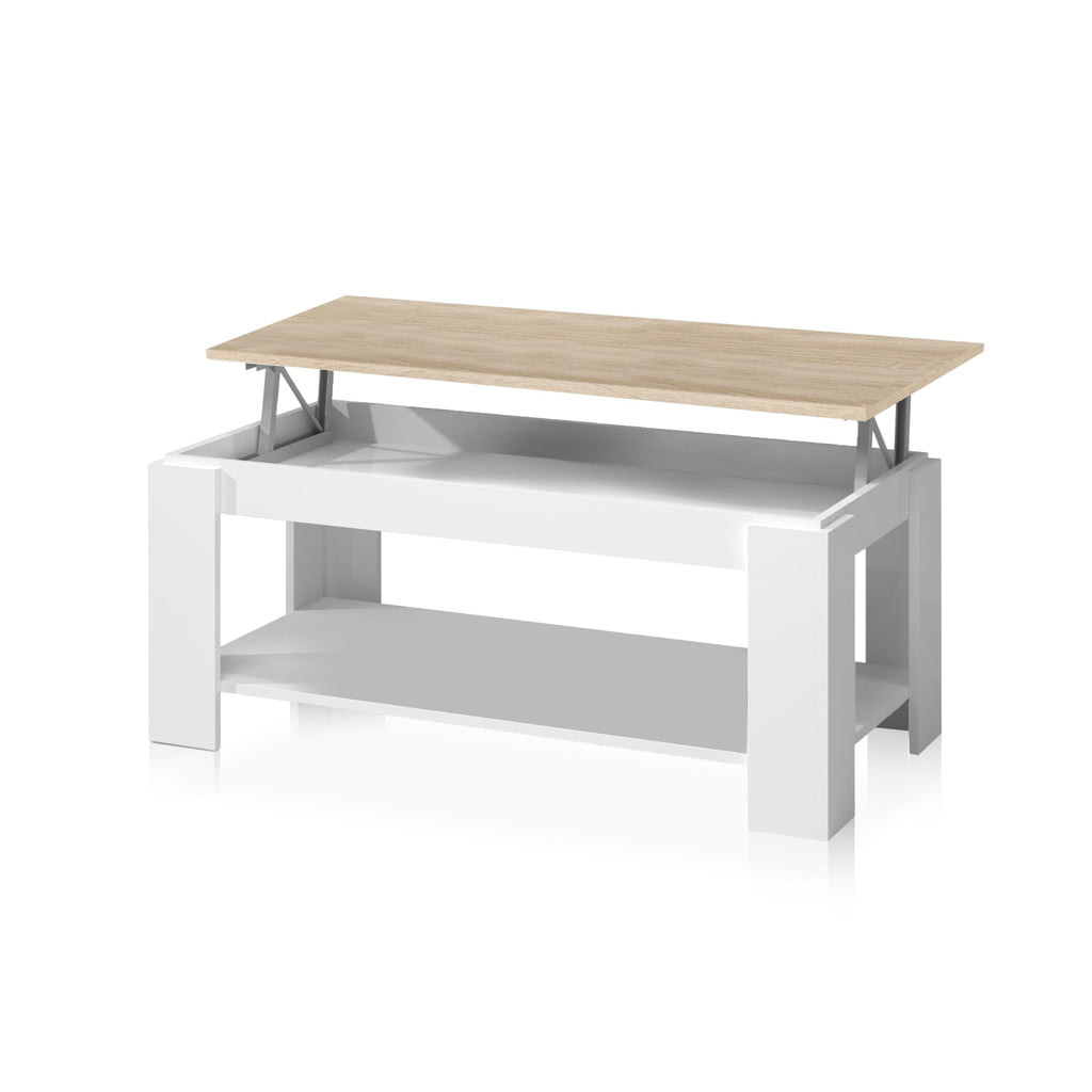 duehome | Mesa de Centro Elevable, Mesa Auxiliar, Modelo LYA, Acabado en Color Blanco Artik y Roble Canadian, Medidas: 102 cm (Largo) x 50 cm (Ancho) x 43-54 cm (Alto)