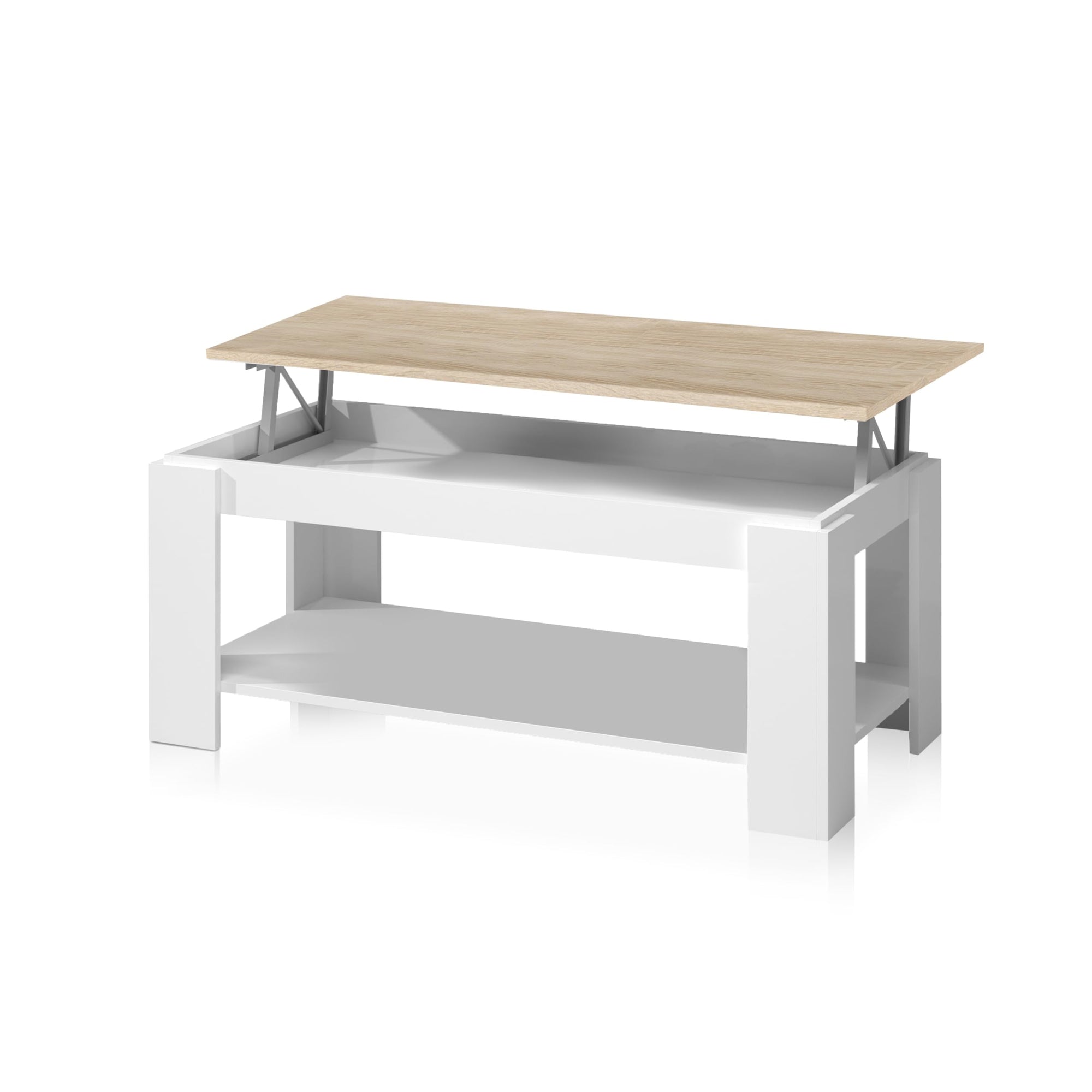 duehome | Mesa de Centro Elevable, Mesa Auxiliar, Modelo LYA, Acabado en Color Blanco Artik y Roble Canadian, Medidas: 102 cm (Largo) x 50 cm (Ancho) x 43-54 cm (Alto)