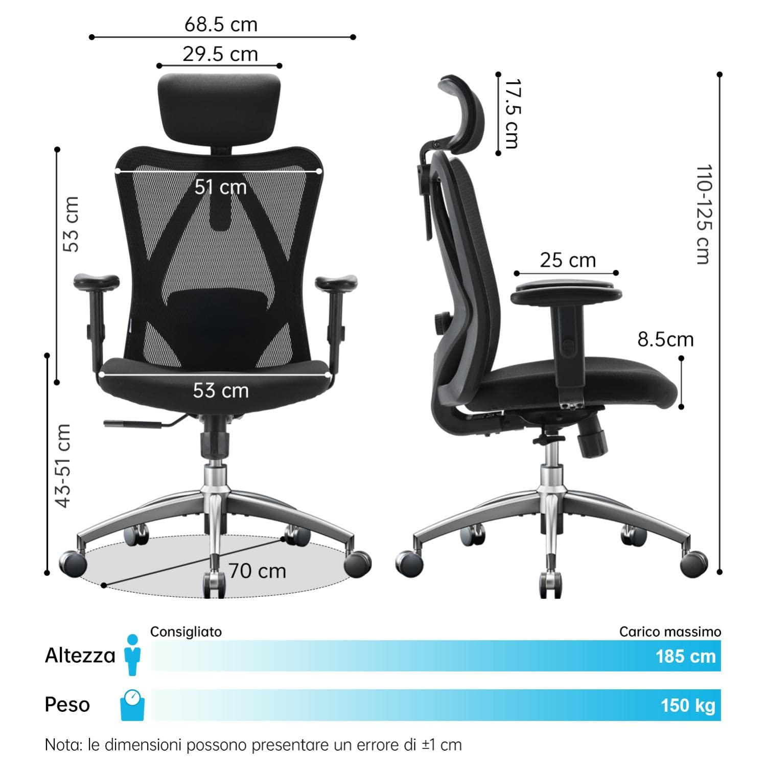 SIHOO M18 Silla Ergonómica de Oficina, Silla de Escritorio con Soporte Lumbar Ajustables, Reposacabezas y Apoyabrazos, Malla Giratoria, Mecanismo de Inclinación, Carga máxima de 150 kg/ 330LB