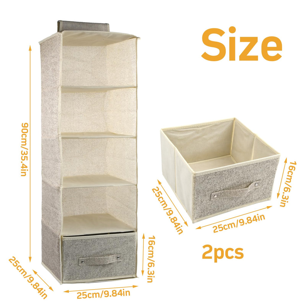 5 Niveles Estantes de Almacenamiento Colgantes 25x25x90cm, Organizador de Armario Colgante, 5 Compartimentos, Plegable Estantería Colgante de Tela con 2 Cajones Extraíbles (Gris)