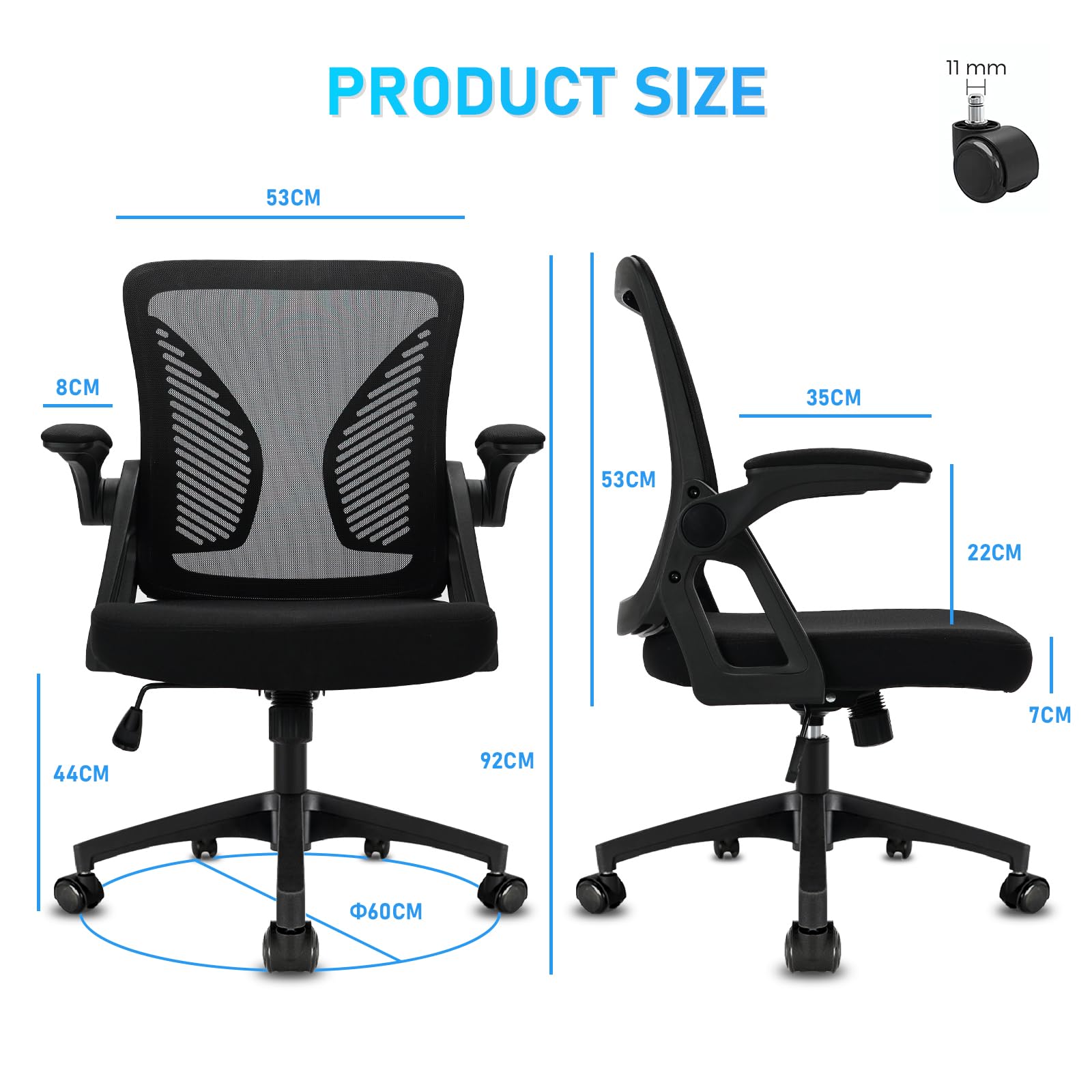 Milacyee Silla de Oficina Ergonómica, Silla de Escritorio con Reposabrazos Ajustables, Soporte Lumbar, Regulable en Altura, Silla Giratoria de Oficina con Respaldo de Malla Transpirable, Negro