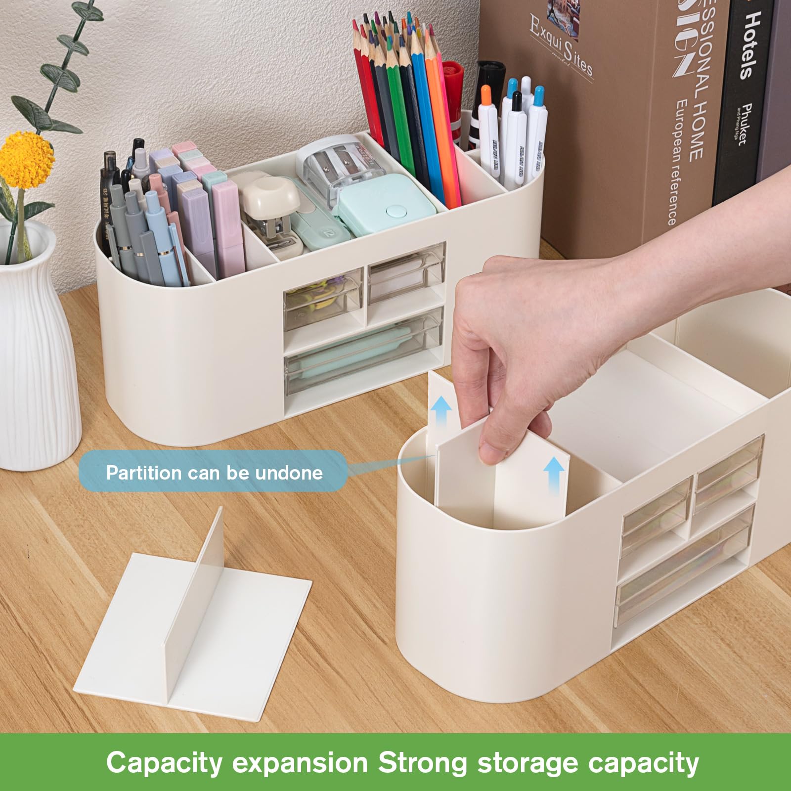 MumdoYAL Organizador de escritorio con 6 compartimentos y 3 cajones – Maravilla de espacio multifuncional en color blanco