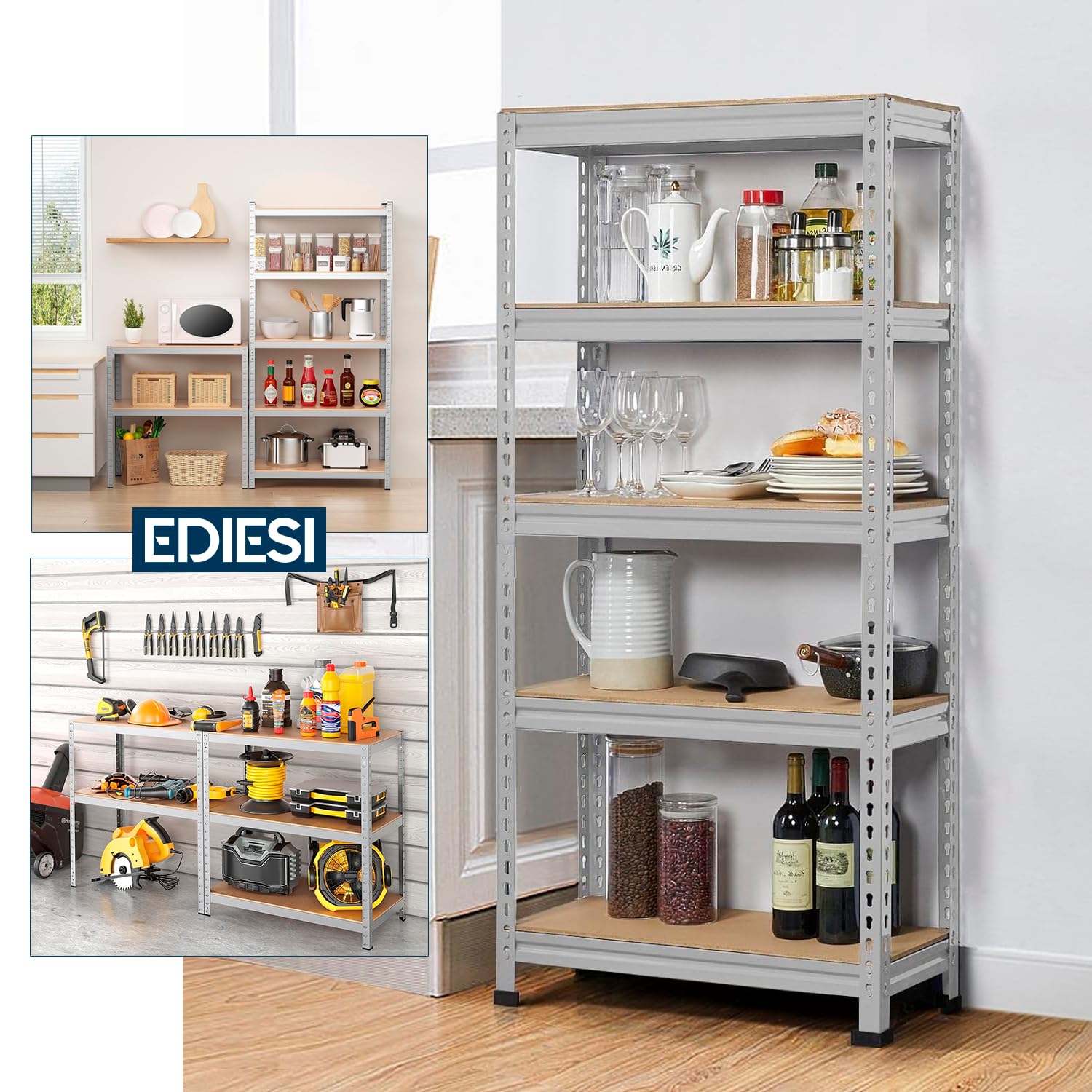 EDIESI, Estanterias Almacenaje, 180 x 90 x 40 cm, Metalicas, Galvanizadas, Material MDF, para Hogar, Trastero, Garaje, 5 Baldas Ajustables, Carga Máxima 875 kg (2 Unidades)