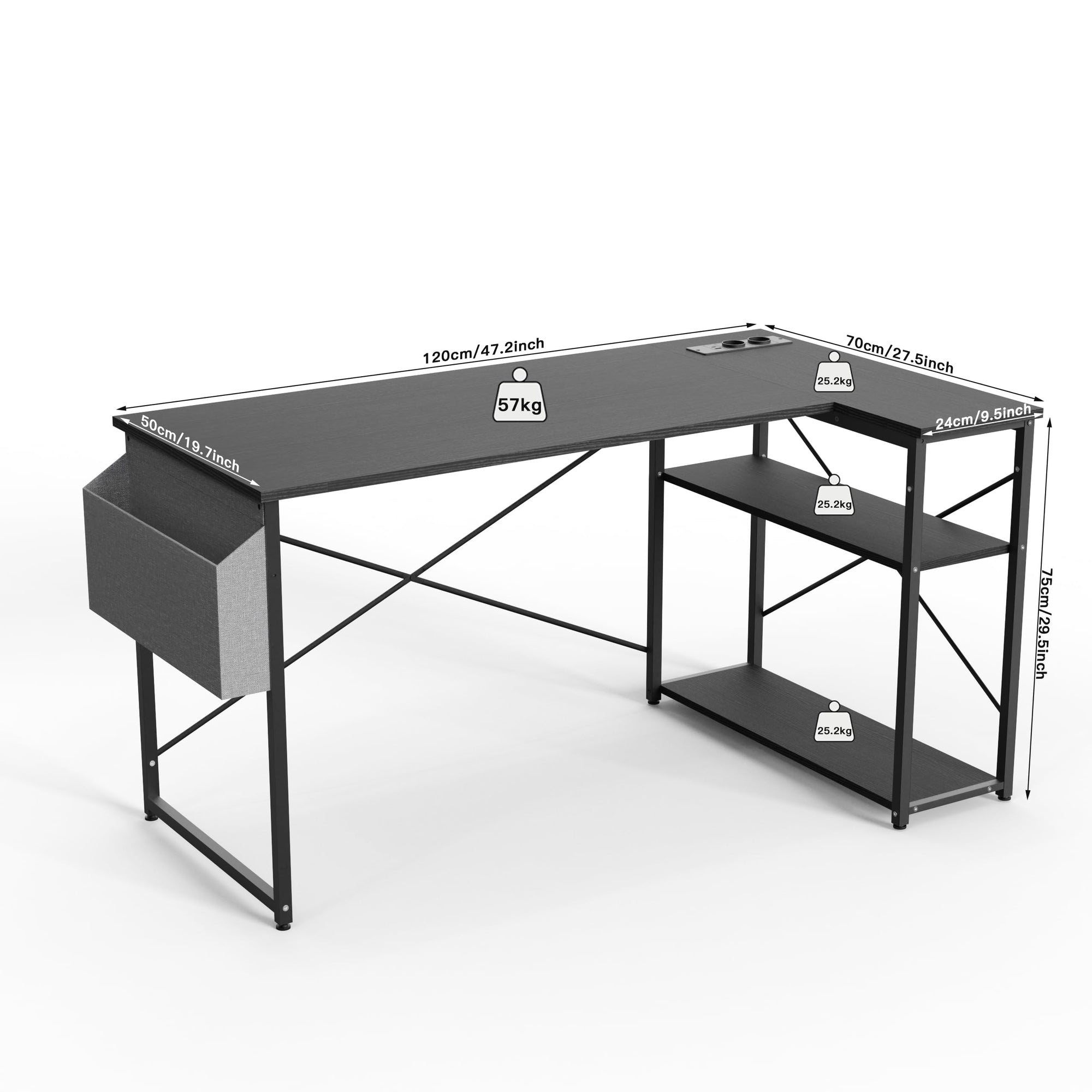 BEXEVUE Escritorio de Esquina con Regleta Enchufes - 120x70 cm Mesa de Ordenador en Forma L, Estantes de Almacenamiento, Oficina Esquina Reversible Desk para Estudio Trabajo Dormitorio Hogar Negro