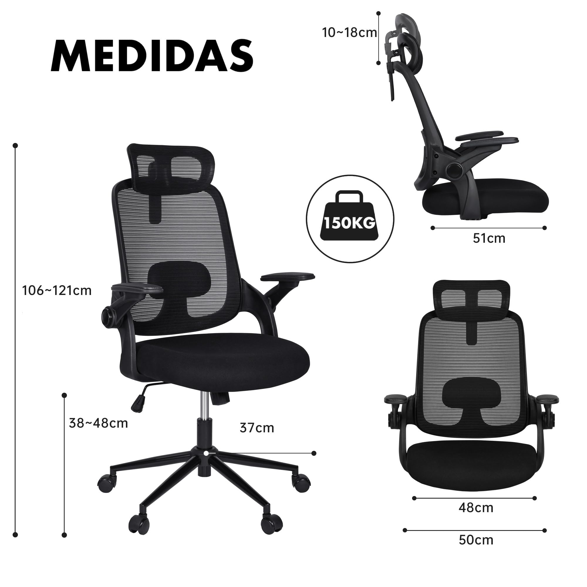 Silla de Oficina | Escritorio o Estudio Ergonómica con Ruedas | Reposacabezas y Reposabrazos Ajustables | Soporte Lumbar | Respaldo de Malla Transpirable | Altura Regulable | Ideal casa o Trabajo