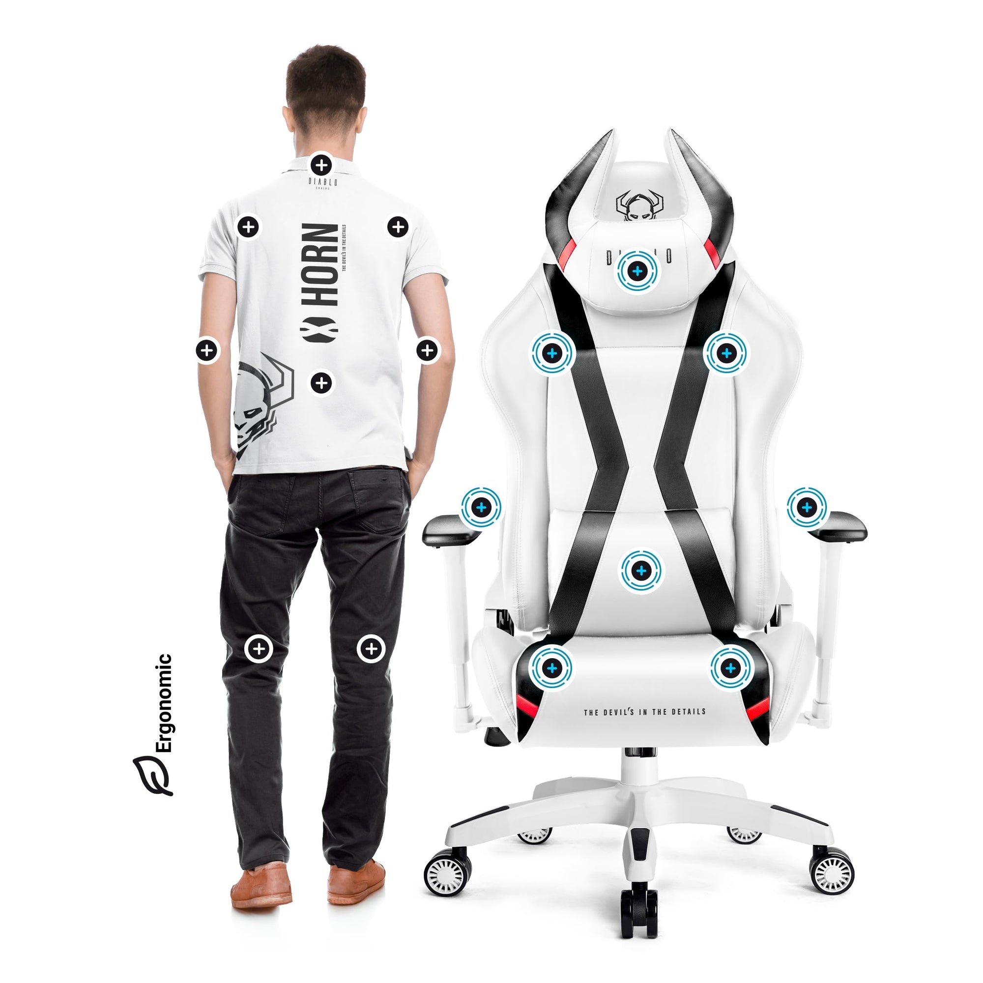 Diablo X-Horn Silla Gaming Oficina Gamer Apoyabrazos 3D Cojín Ajustable Diseño Ergonómico Cuero Sintético Función de Inclinación Blanco Normal (L)