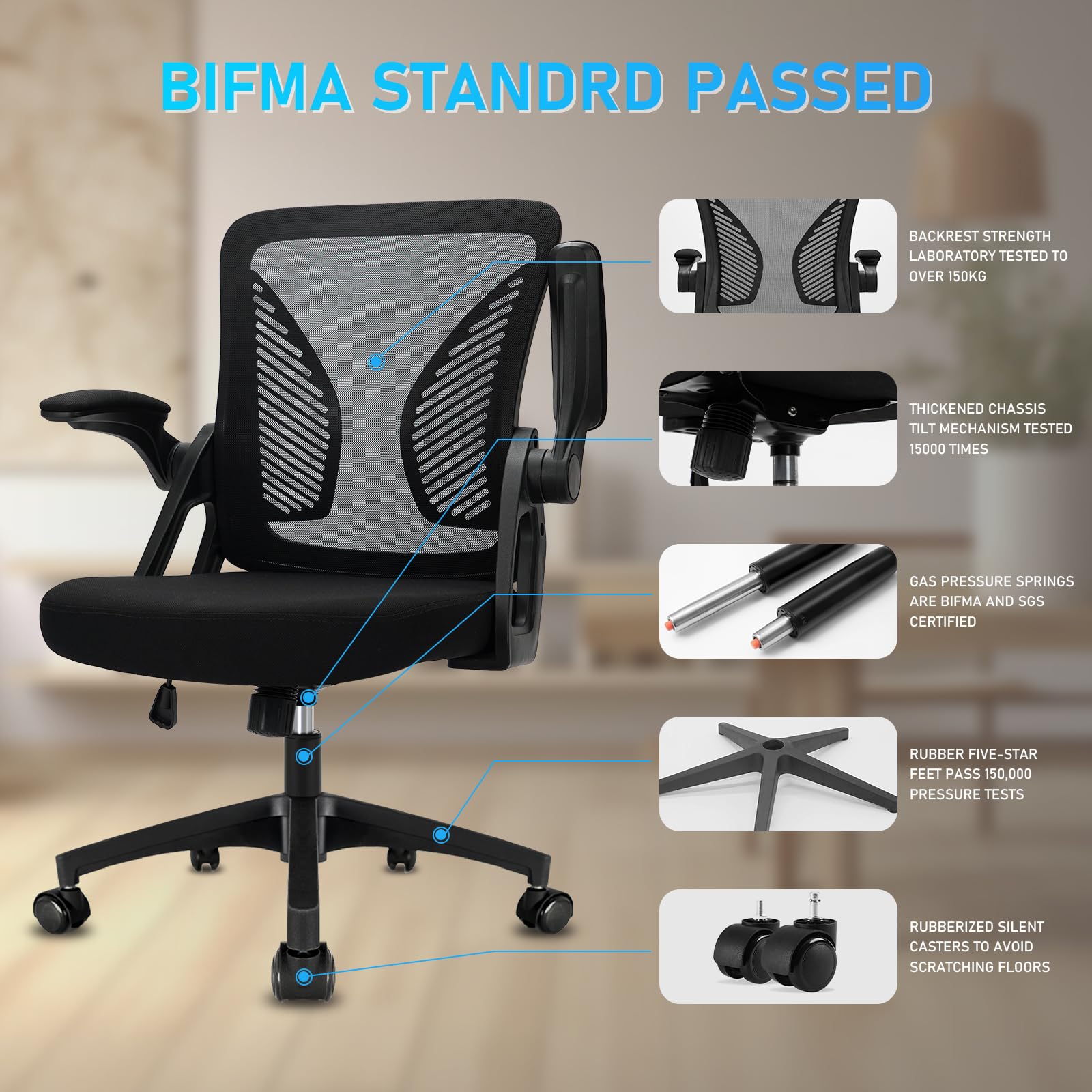 Milacyee Silla de Oficina Ergonómica, Silla de Escritorio con Reposabrazos Ajustables, Soporte Lumbar, Regulable en Altura, Silla Giratoria de Oficina con Respaldo de Malla Transpirable, Negro