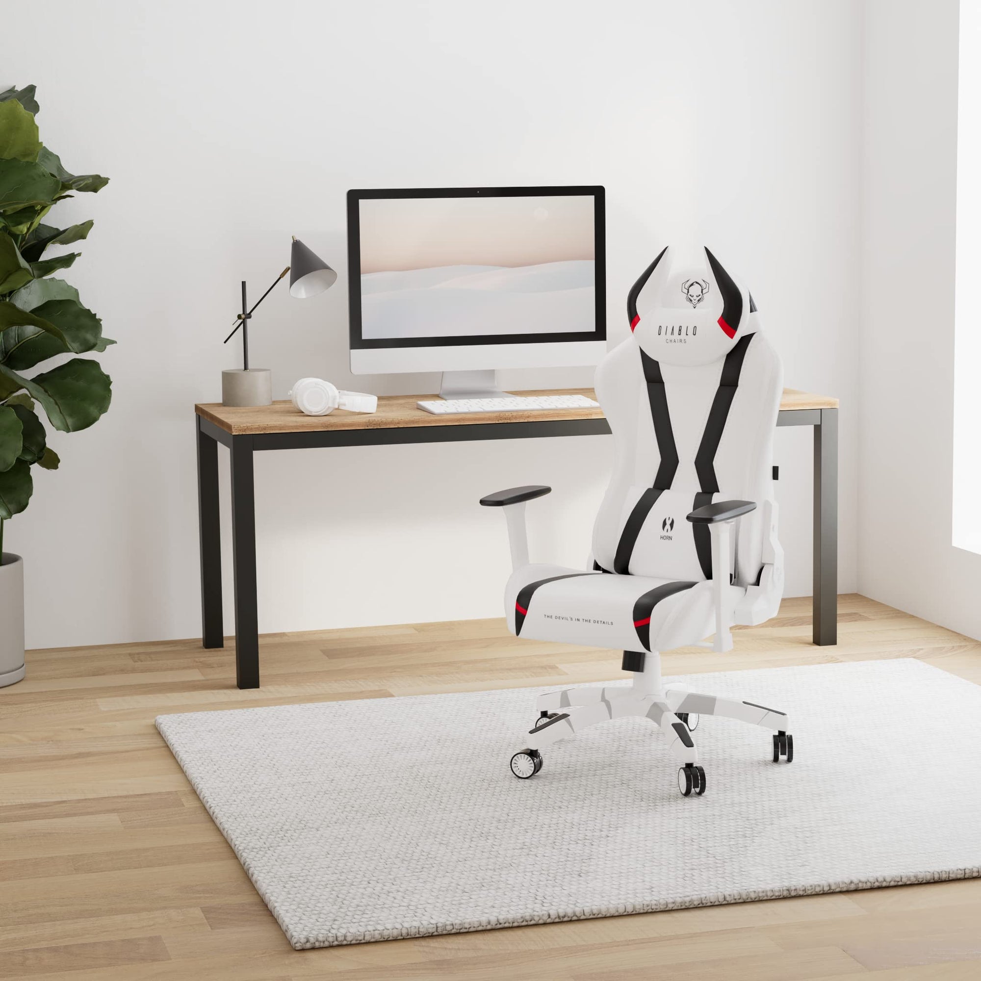 Diablo X-Horn Silla Gaming Oficina Gamer Apoyabrazos 3D Cojín Ajustable Diseño Ergonómico Cuero Sintético Función de Inclinación Blanco Normal (L)