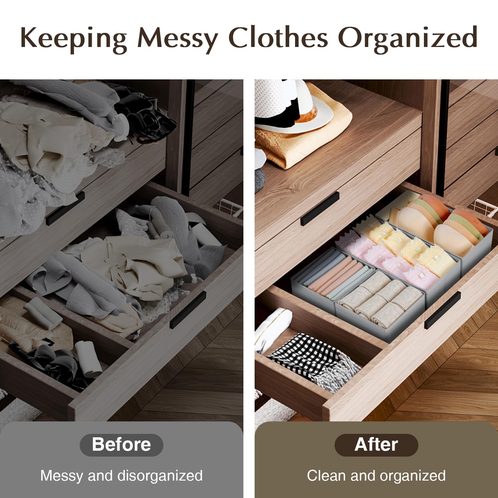 DIMJ Organizador Cajones Juego de 4 Cajas Almacenaje Plegables de Tela Para Guardar Ropa, Organizadores de Cajones No Tejidos, Calcetines, Ropa Interior, Clásico Gris