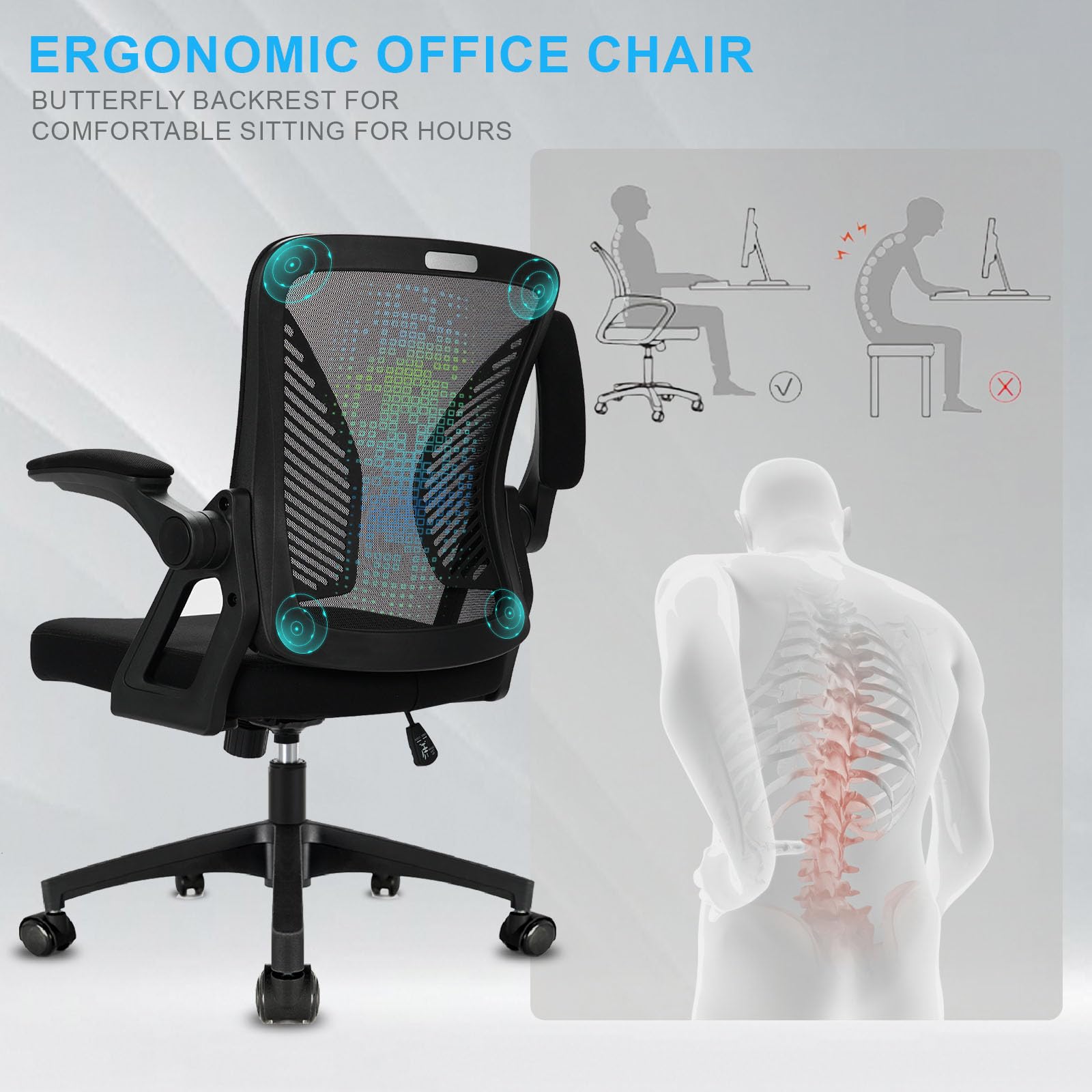 Milacyee Silla de Oficina Ergonómica, Silla de Escritorio con Reposabrazos Ajustables, Soporte Lumbar, Regulable en Altura, Silla Giratoria de Oficina con Respaldo de Malla Transpirable, Negro