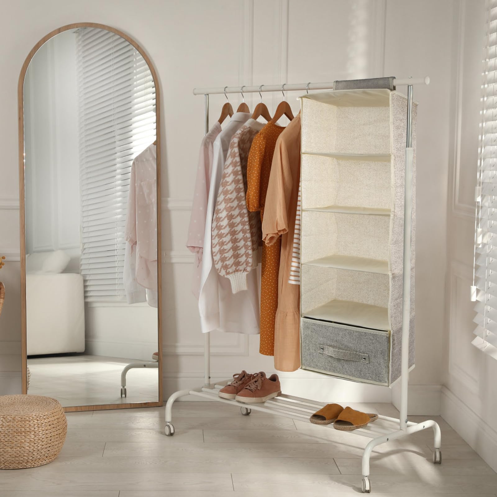 5 Niveles Estantes de Almacenamiento Colgantes 25x25x90cm, Organizador de Armario Colgante, 5 Compartimentos, Plegable Estantería Colgante de Tela con 2 Cajones Extraíbles (Gris)