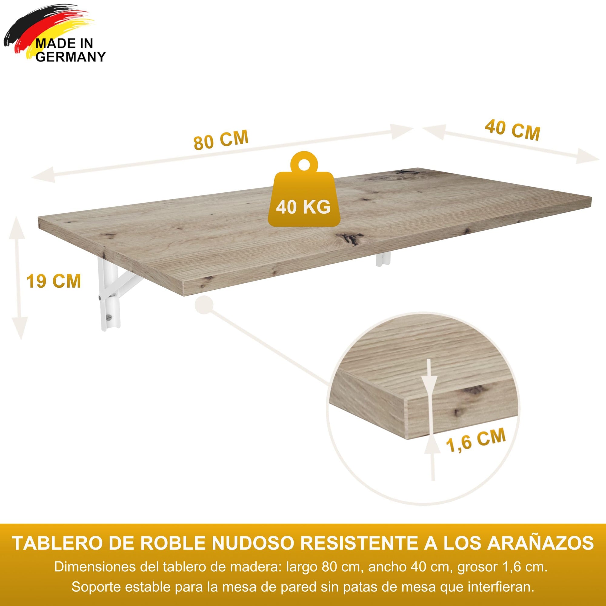 Mesa Plegable de Pared Tablero de Escritorio 80x40 cm en Roble nudoso Mesa Plegable Mesa de Comedor Mesa de Cocina para la Pared Mesa de Bar Mesa de pie Mesa de Pared Mesa Plegable para la Pared