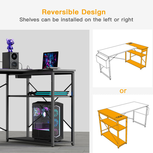 BEXEVUE Escritorio de Esquina con Regleta Enchufes - 120x70 cm Mesa de Ordenador en Forma L, Estantes de Almacenamiento, Oficina Esquina Reversible Desk para Estudio Trabajo Dormitorio Hogar Negro