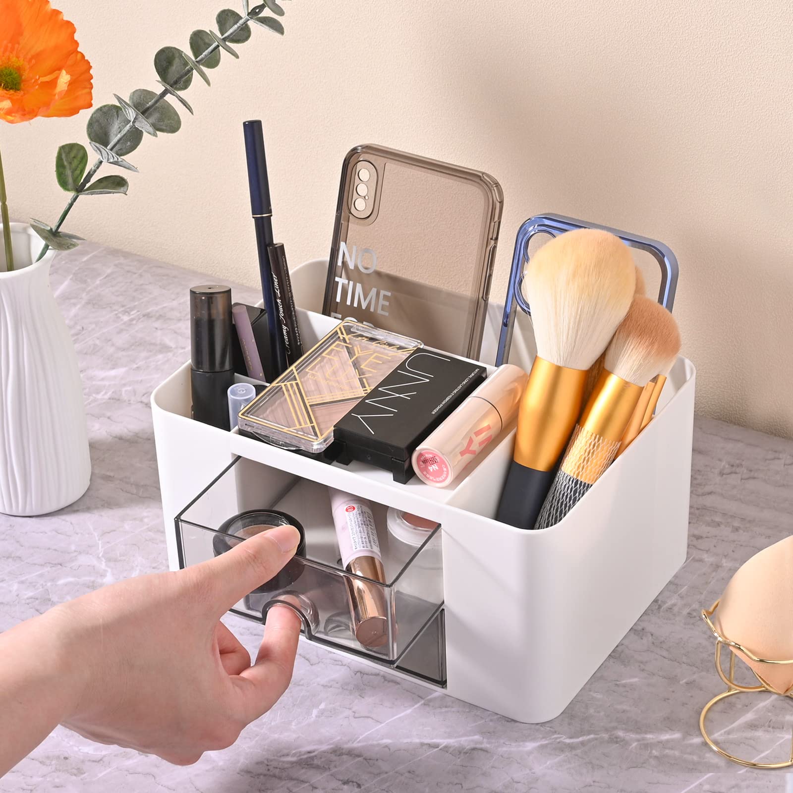 Organizador escritorio versátil con 5 compartimentos, 2 cajones y opciones de almacenamiento multifuncionales - ideal para suministros de oficina, artículos de papelería y accesorios de escritorio.