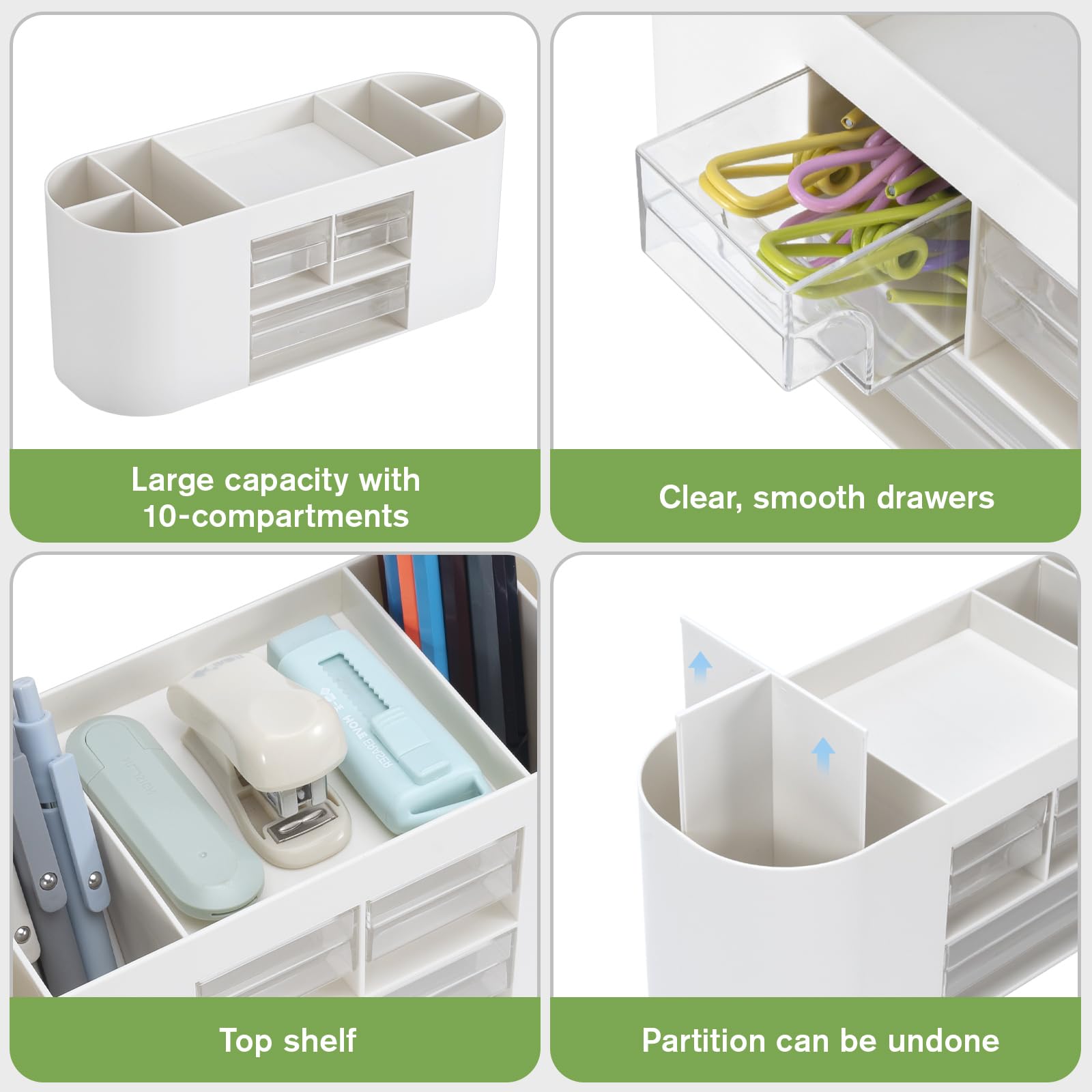 MumdoYAL Organizador de escritorio con 6 compartimentos y 3 cajones – Maravilla de espacio multifuncional en color blanco