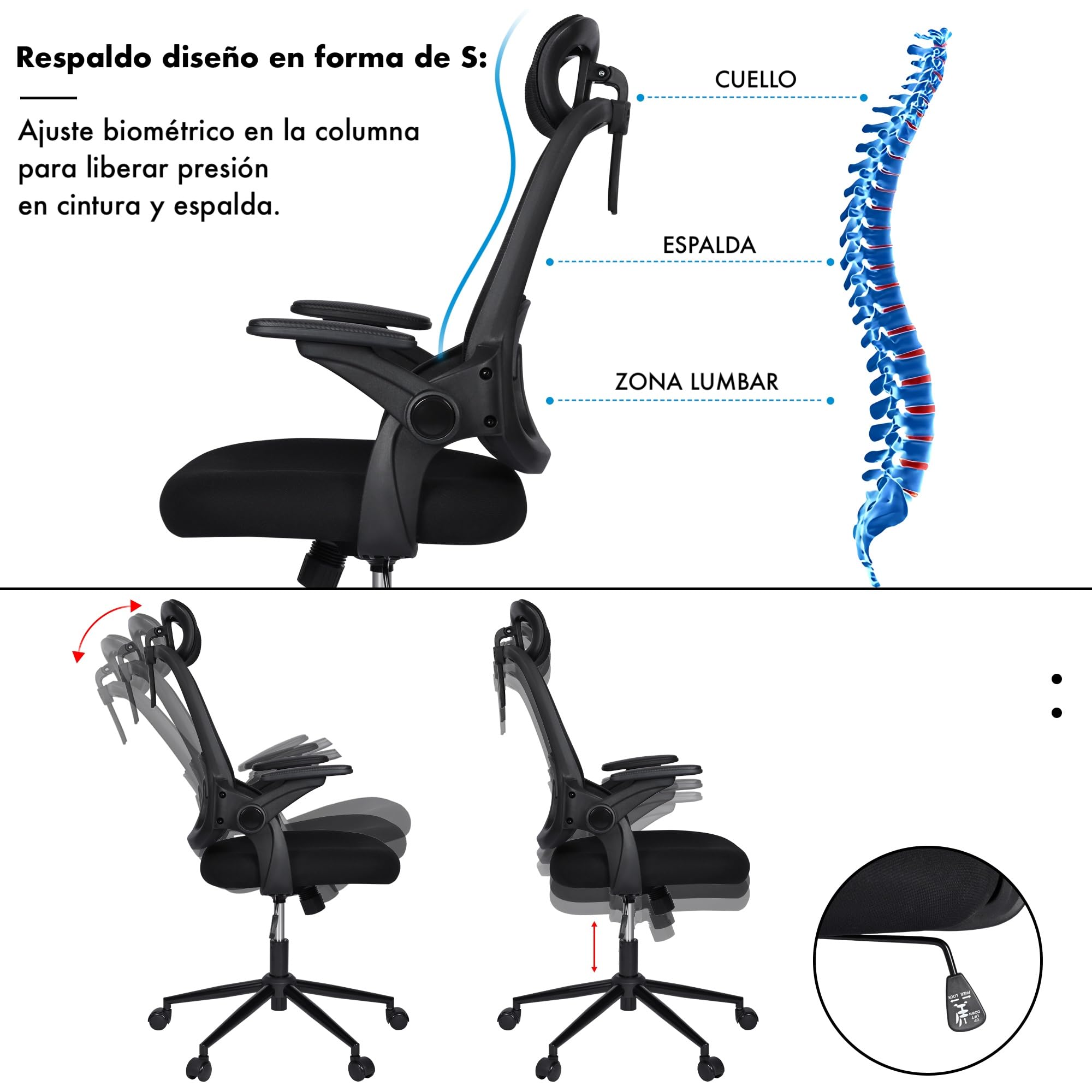 Silla de Oficina | Escritorio o Estudio Ergonómica con Ruedas | Reposacabezas y Reposabrazos Ajustables | Soporte Lumbar | Respaldo de Malla Transpirable | Altura Regulable | Ideal casa o Trabajo