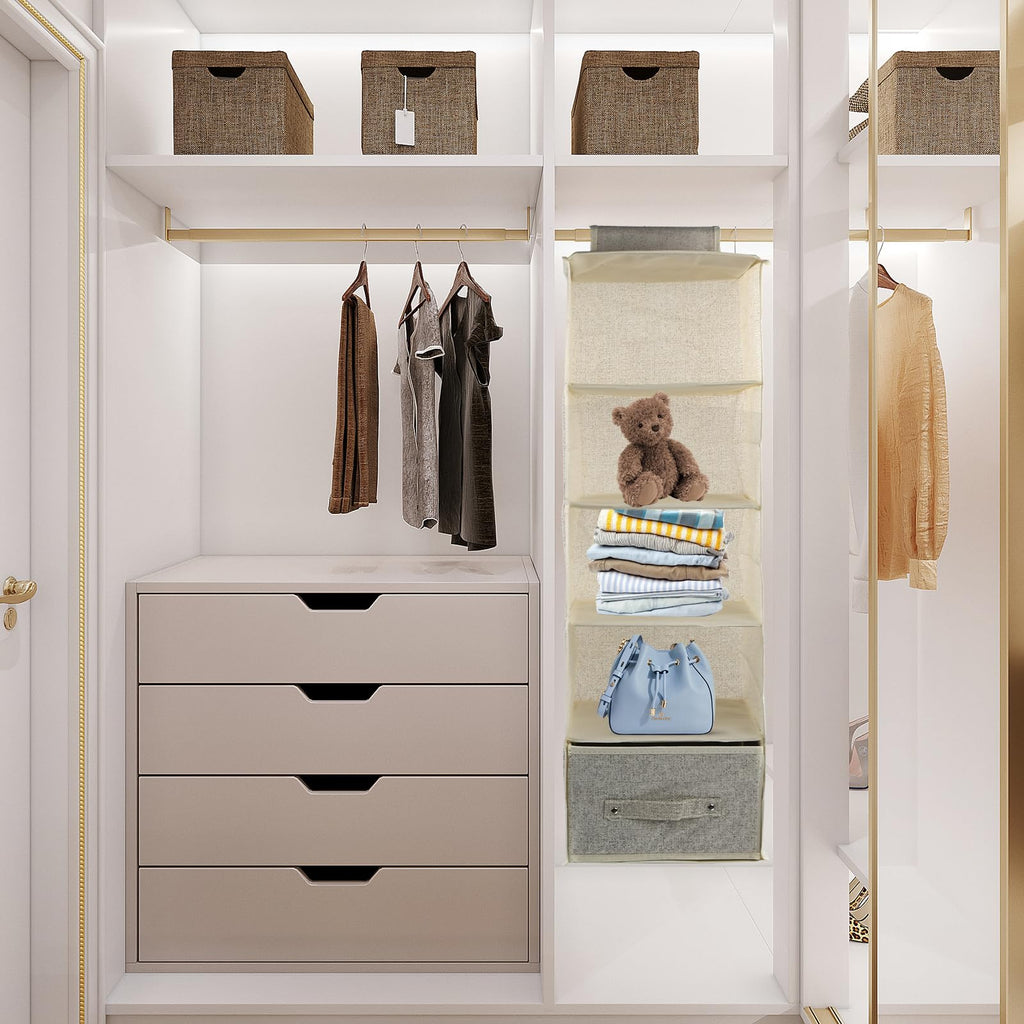 5 Niveles Estantes de Almacenamiento Colgantes 25x25x90cm, Organizador de Armario Colgante, 5 Compartimentos, Plegable Estantería Colgante de Tela con 2 Cajones Extraíbles (Gris)