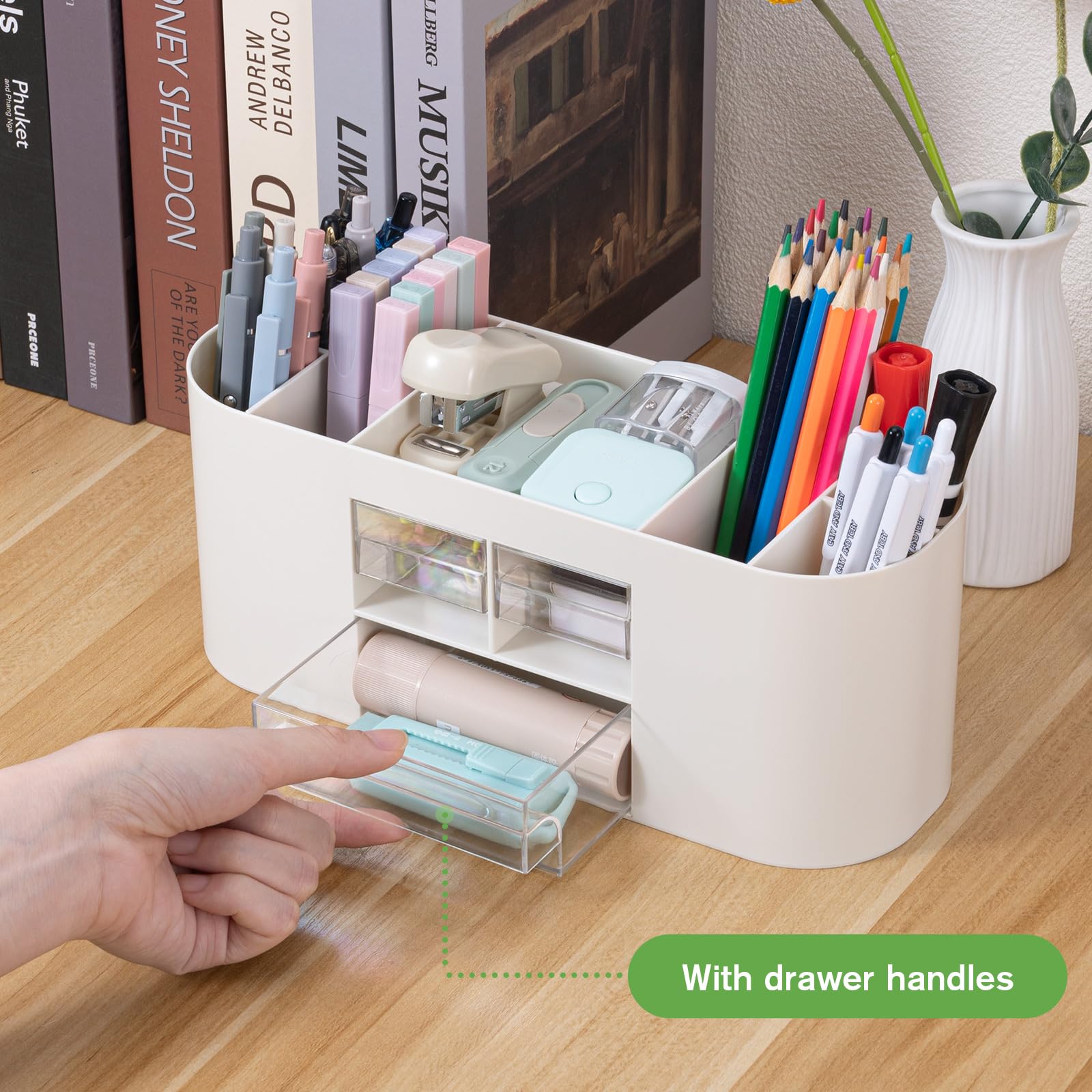 MumdoYAL Organizador de escritorio con 6 compartimentos y 3 cajones – Maravilla de espacio multifuncional en color blanco