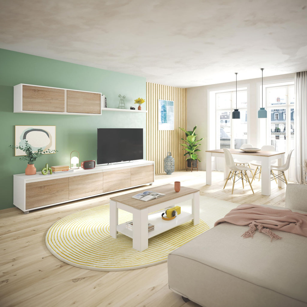 duehome | Mesa de Centro Elevable, Mesa Auxiliar, Modelo LYA, Acabado en Color Blanco Artik y Roble Canadian, Medidas: 102 cm (Largo) x 50 cm (Ancho) x 43-54 cm (Alto)