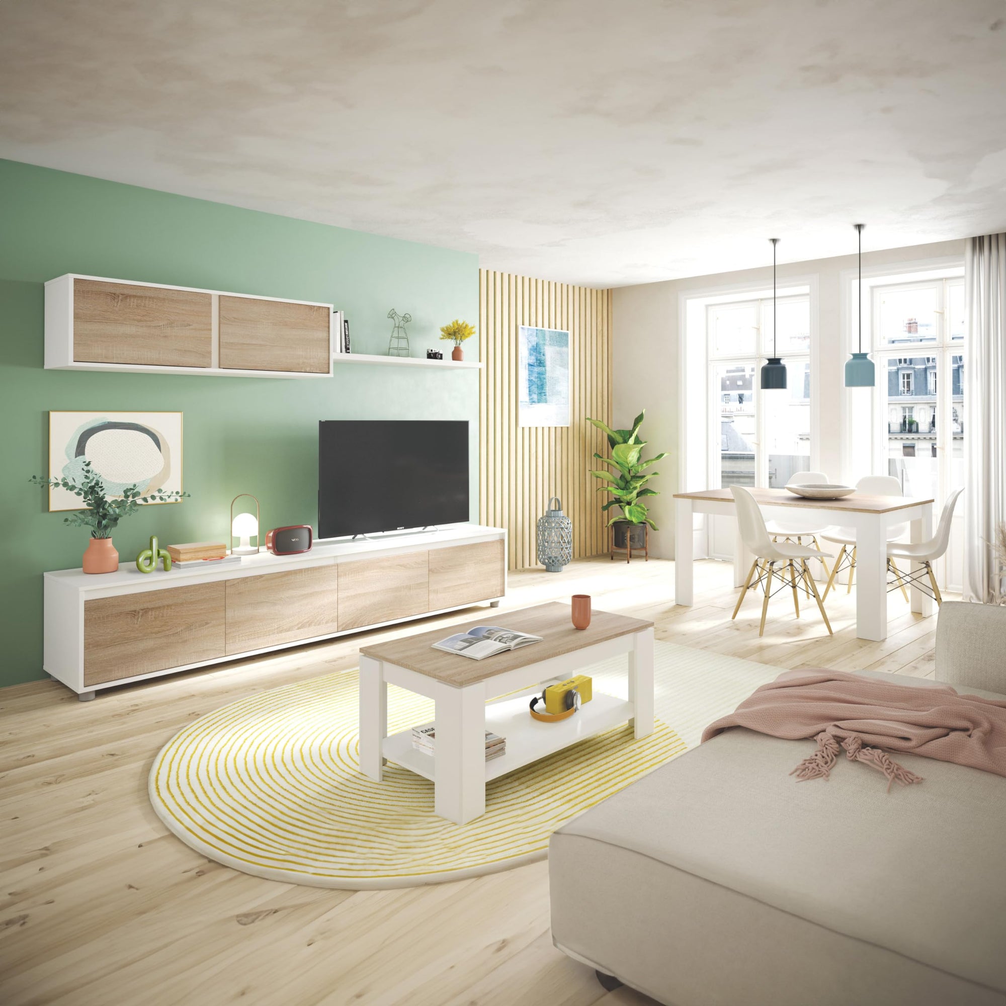 duehome | Mesa de Centro Elevable, Mesa Auxiliar, Modelo LYA, Acabado en Color Blanco Artik y Roble Canadian, Medidas: 102 cm (Largo) x 50 cm (Ancho) x 43-54 cm (Alto)