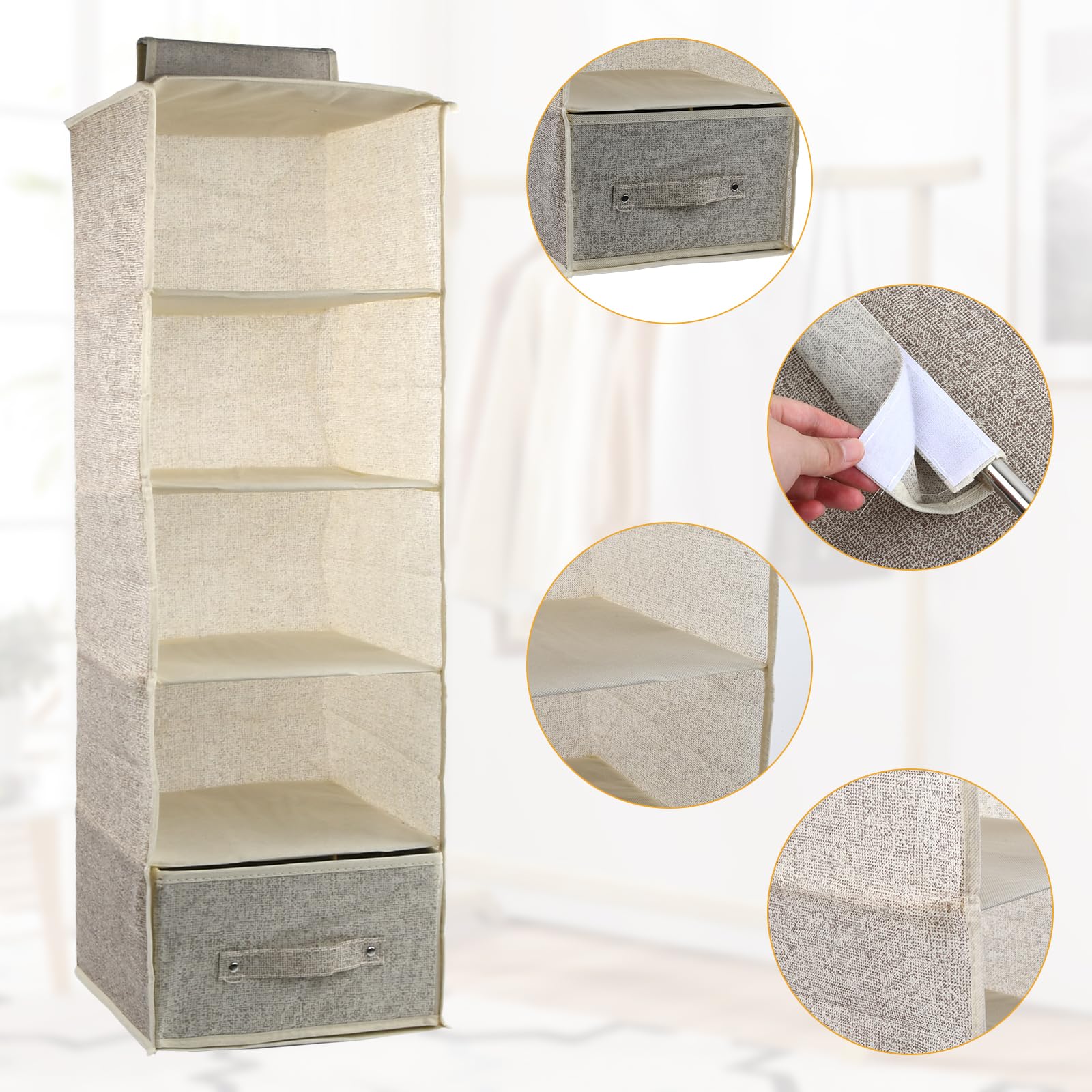 5 Niveles Estantes de Almacenamiento Colgantes 25x25x90cm, Organizador de Armario Colgante, 5 Compartimentos, Plegable Estantería Colgante de Tela con 2 Cajones Extraíbles (Gris)