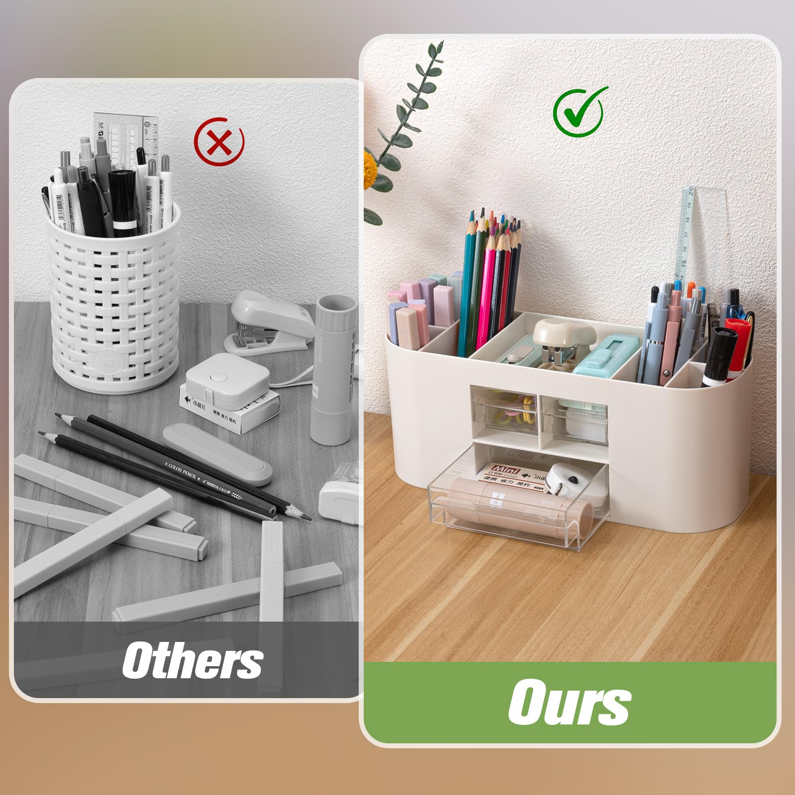 MumdoYAL Organizador de escritorio con 6 compartimentos y 3 cajones – Maravilla de espacio multifuncional en color blanco