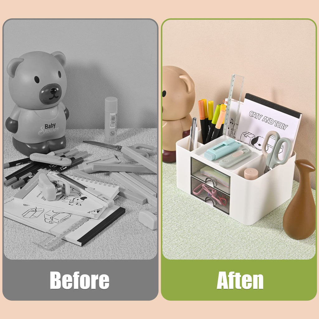 Organizador escritorio versátil con 5 compartimentos, 2 cajones y opciones de almacenamiento multifuncionales - ideal para suministros de oficina, artículos de papelería y accesorios de escritorio.