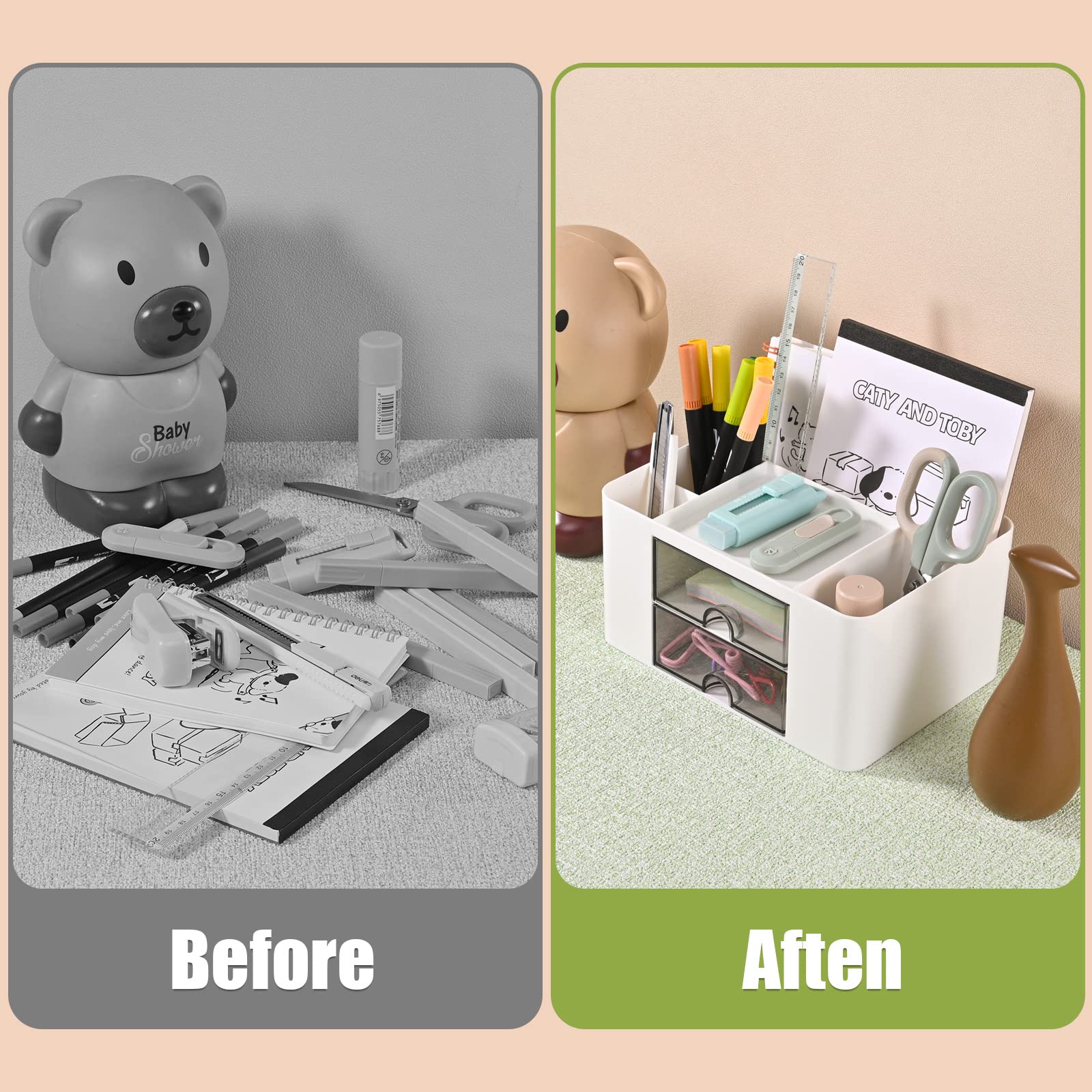 Organizador escritorio versátil con 5 compartimentos, 2 cajones y opciones de almacenamiento multifuncionales - ideal para suministros de oficina, artículos de papelería y accesorios de escritorio.