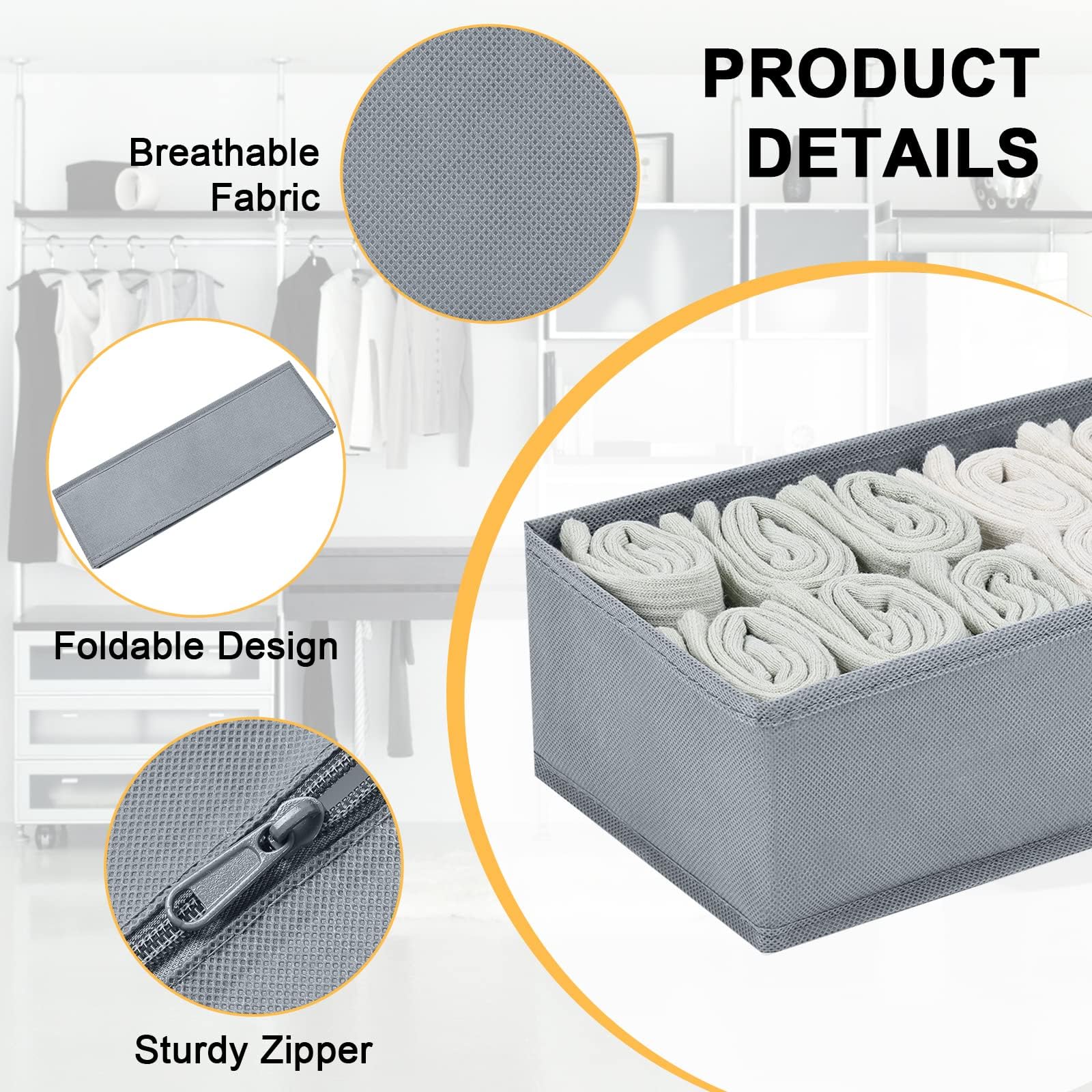 DIMJ Organizador Cajones Juego de 4 Cajas Almacenaje Plegables de Tela Para Guardar Ropa, Organizadores de Cajones No Tejidos, Calcetines, Ropa Interior, Clásico Gris