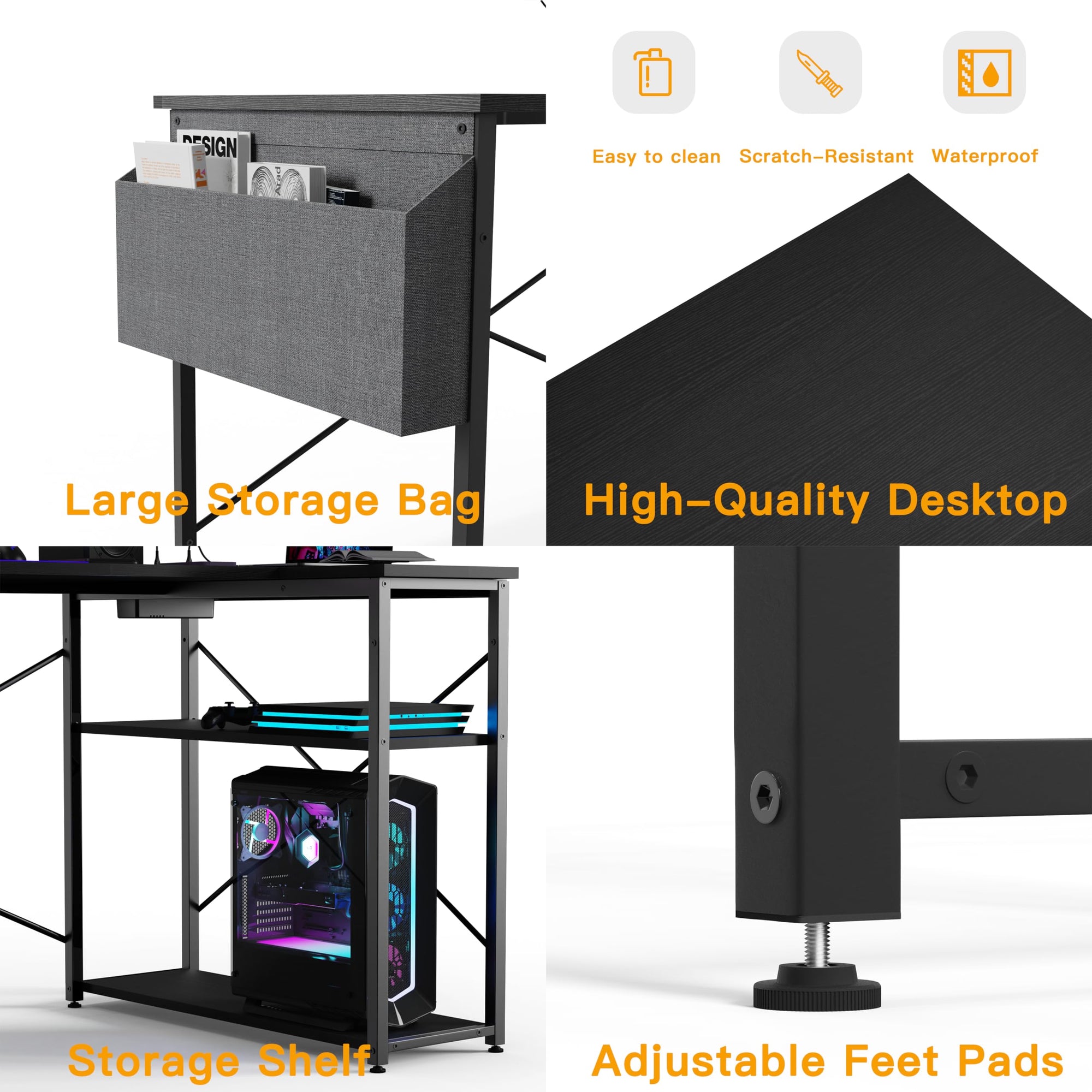 BEXEVUE Escritorio de Esquina con Regleta Enchufes - 120x70 cm Mesa de Ordenador en Forma L, Estantes de Almacenamiento, Oficina Esquina Reversible Desk para Estudio Trabajo Dormitorio Hogar Negro