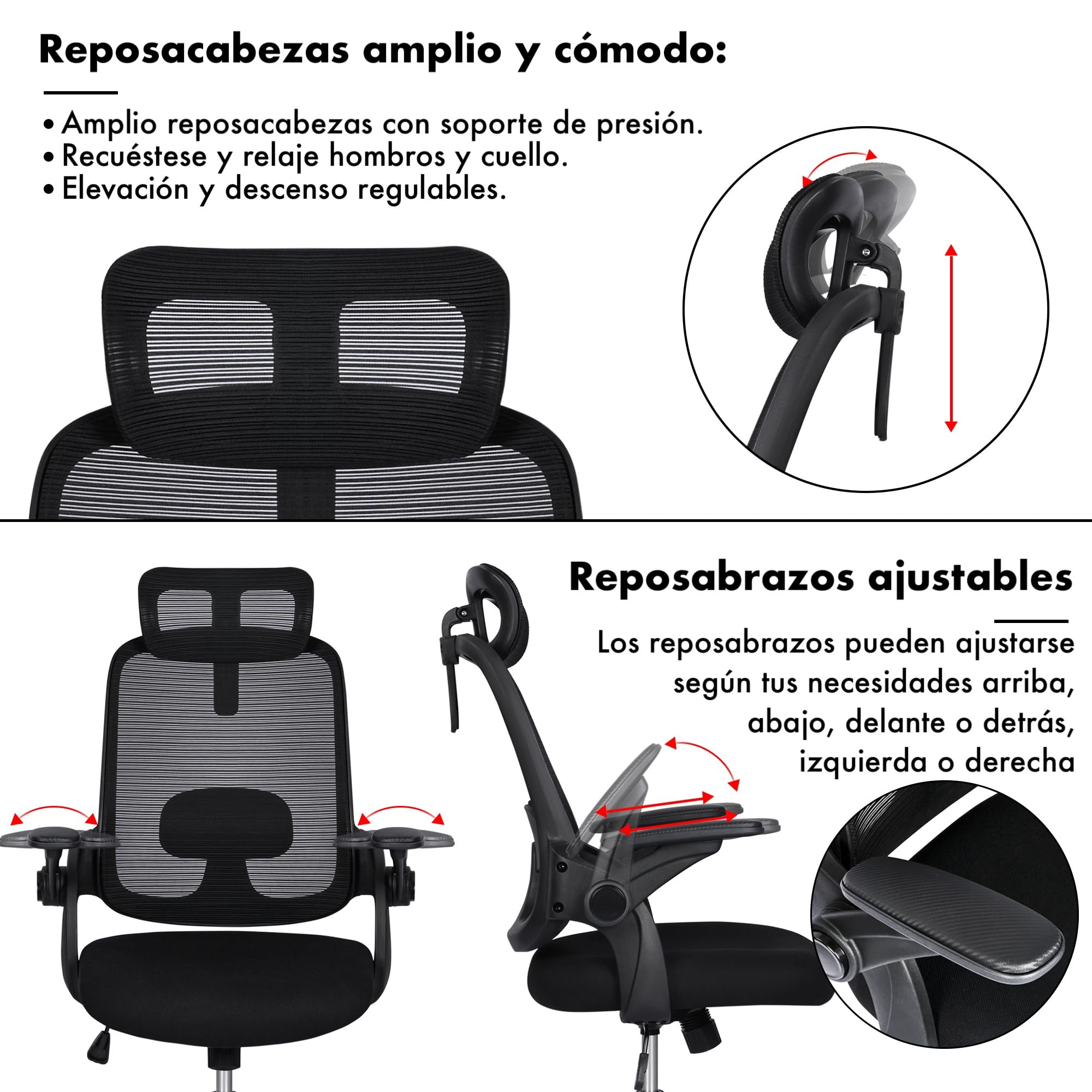 Silla de Oficina | Escritorio o Estudio Ergonómica con Ruedas | Reposacabezas y Reposabrazos Ajustables | Soporte Lumbar | Respaldo de Malla Transpirable | Altura Regulable | Ideal casa o Trabajo