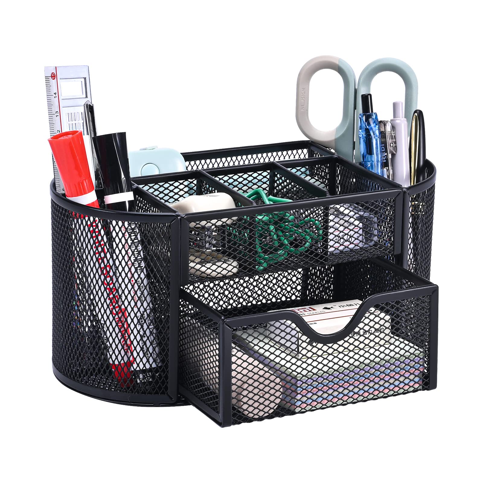 Organizador escritorio, organizador de oficina de malla de metal con cajón y porta lápices para bolígrafos, notas adhesivas, grapadoras, clips de carpeta, organizador de escritorio que ahorra espacio.