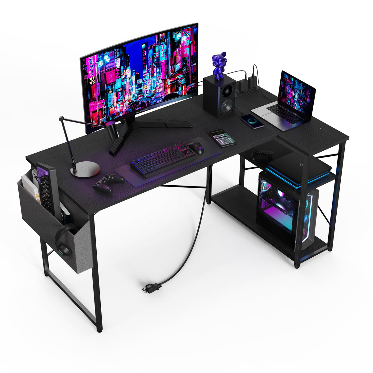 BEXEVUE Escritorio de Esquina con Regleta Enchufes - 120x70 cm Mesa de Ordenador en Forma L, Estantes de Almacenamiento, Oficina Esquina Reversible Desk para Estudio Trabajo Dormitorio Hogar Negro