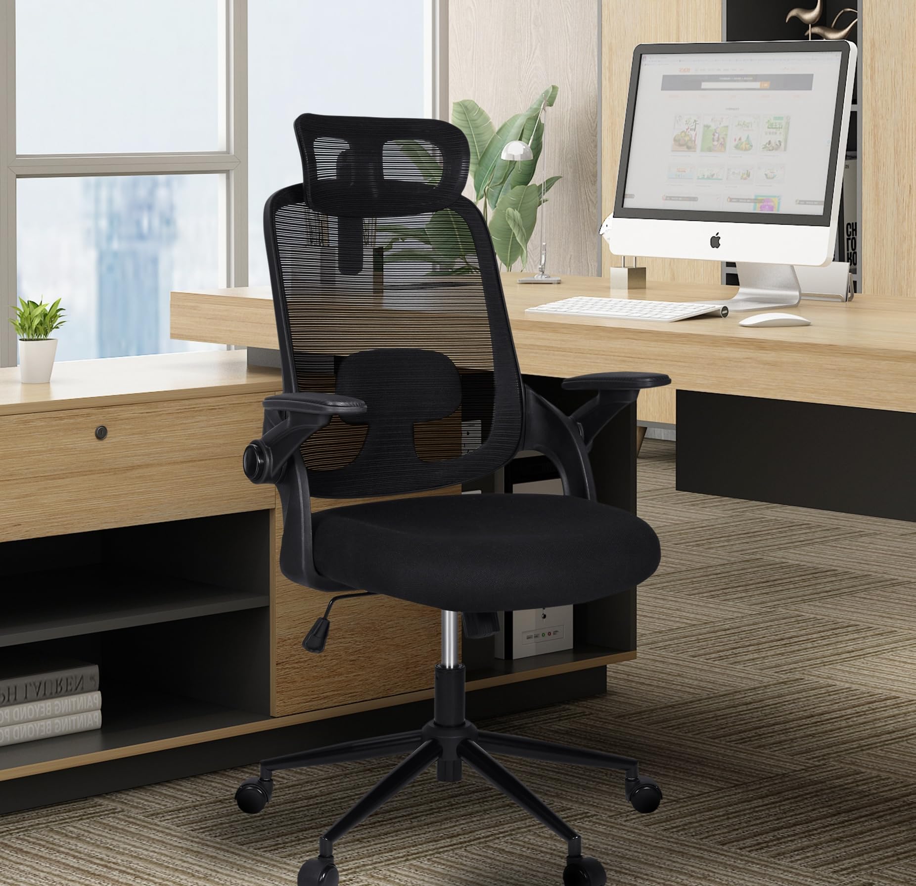 Silla de Oficina | Escritorio o Estudio Ergonómica con Ruedas | Reposacabezas y Reposabrazos Ajustables | Soporte Lumbar | Respaldo de Malla Transpirable | Altura Regulable | Ideal casa o Trabajo
