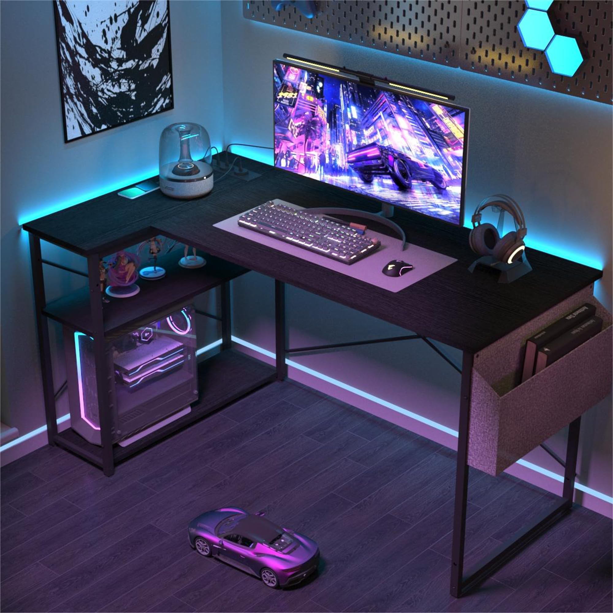 BEXEVUE Escritorio de Esquina con Regleta Enchufes - 120x70 cm Mesa de Ordenador en Forma L, Estantes de Almacenamiento, Oficina Esquina Reversible Desk para Estudio Trabajo Dormitorio Hogar Negro