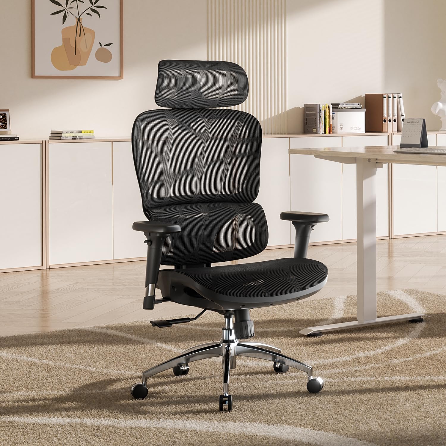 SIHOO M56B Silla de Escritorio Ergonómica de Oficina con Respaldo Alto, Soporte Lumbar 3D, Reposacabezas Ajustable y Malla Transpirable para Oficina en Casa - Negro