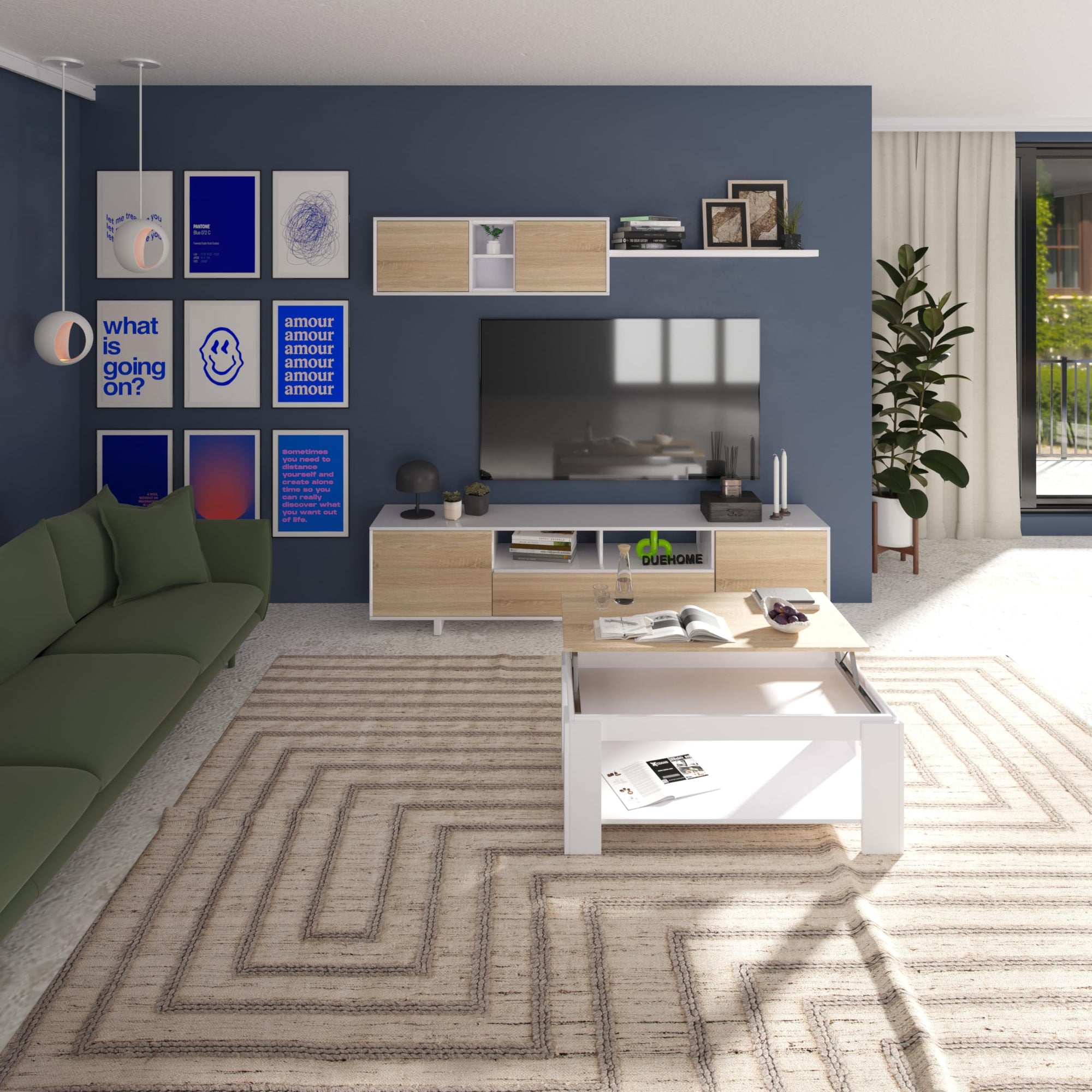 duehome | Mesa de Centro Elevable, Mesa Auxiliar, Modelo LYA, Acabado en Color Blanco Artik y Roble Canadian, Medidas: 102 cm (Largo) x 50 cm (Ancho) x 43-54 cm (Alto)