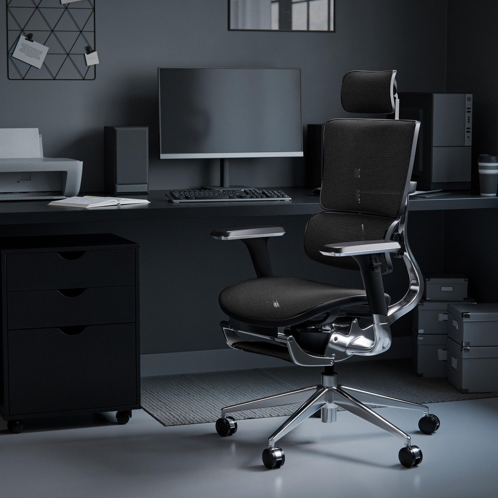 Diablo V-Master Silla de Escritorio ergonómica Silla de Oficina apoyabrazos Ajustables reposapiés Mecanismo de inclinación Malla Cuero sintético selección de Color (Negro)